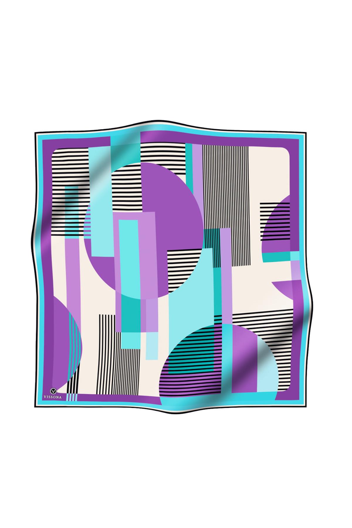 100% Twill İpek Geometrik Desenli Mint Yeşili - Lila Renkli 90x90 Dikim Şekli : El Dikişi Eşarp