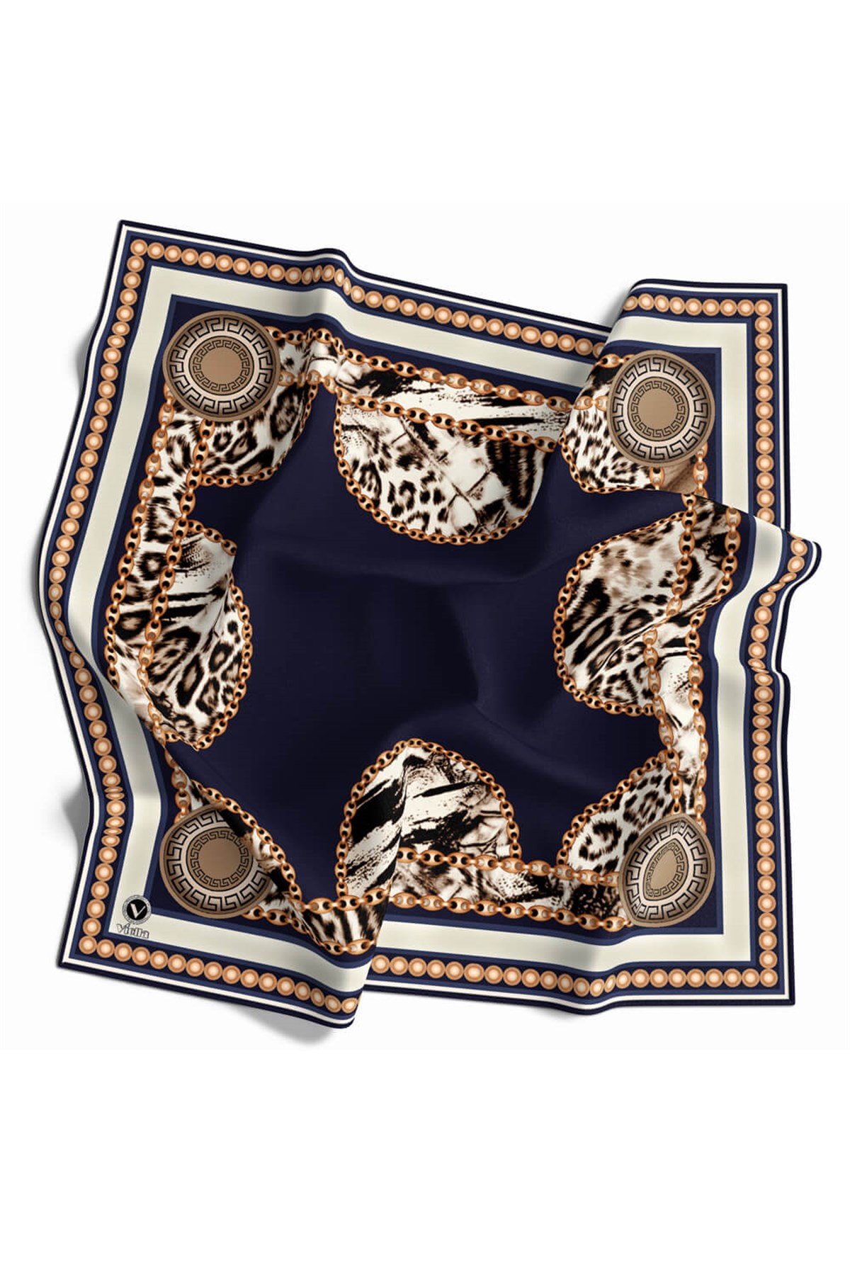 Kristal Zincirli Leopar Desenli Lacivert Renkli 90x90 Eşarp (İpek İçermez) Kenar Dikiş Şekli El Dikişli