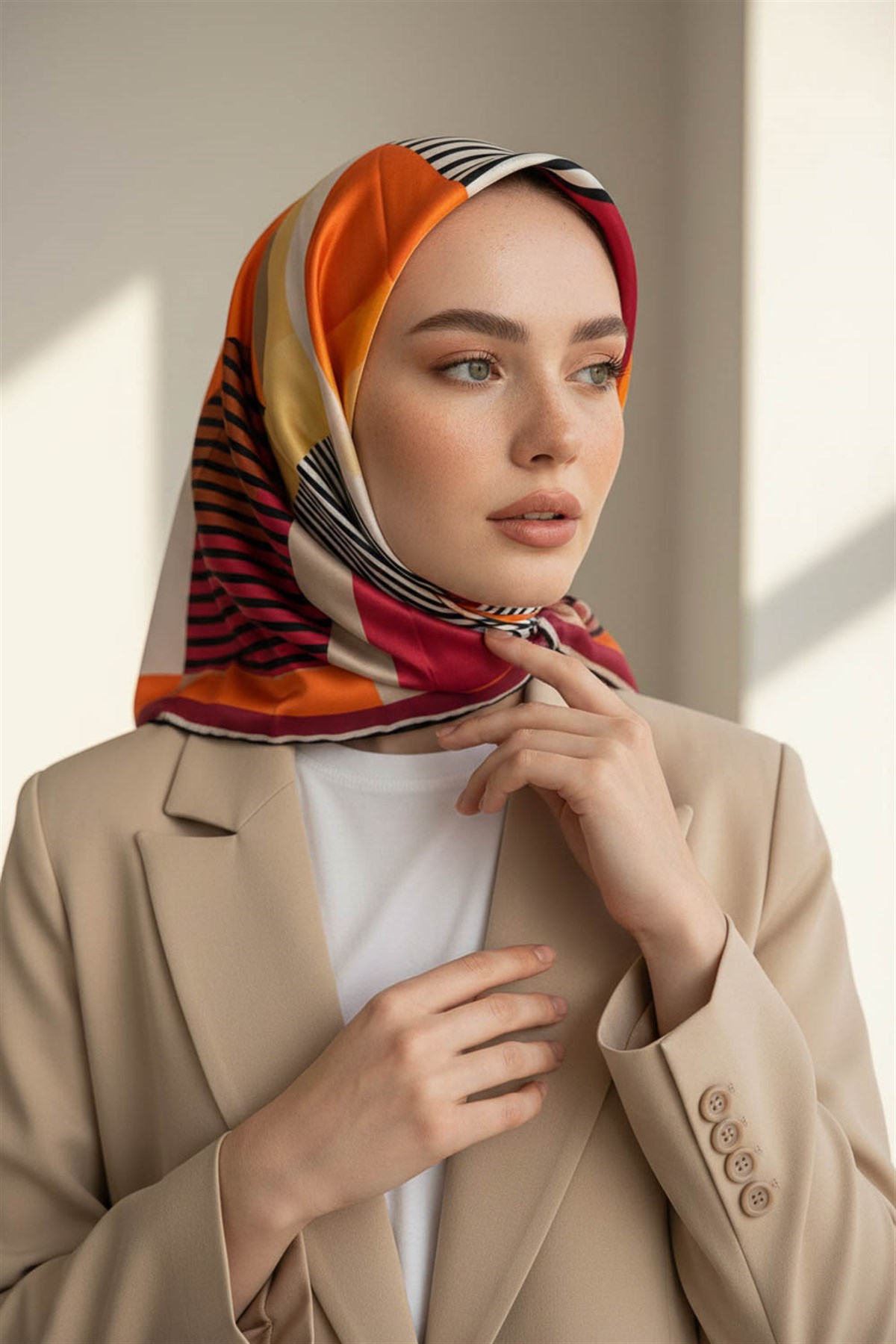 100% Twill İpek Geometrik Desenli Taba - Bej Renkli 90x90 Dikim Şekli : El Dikişi Eşarp