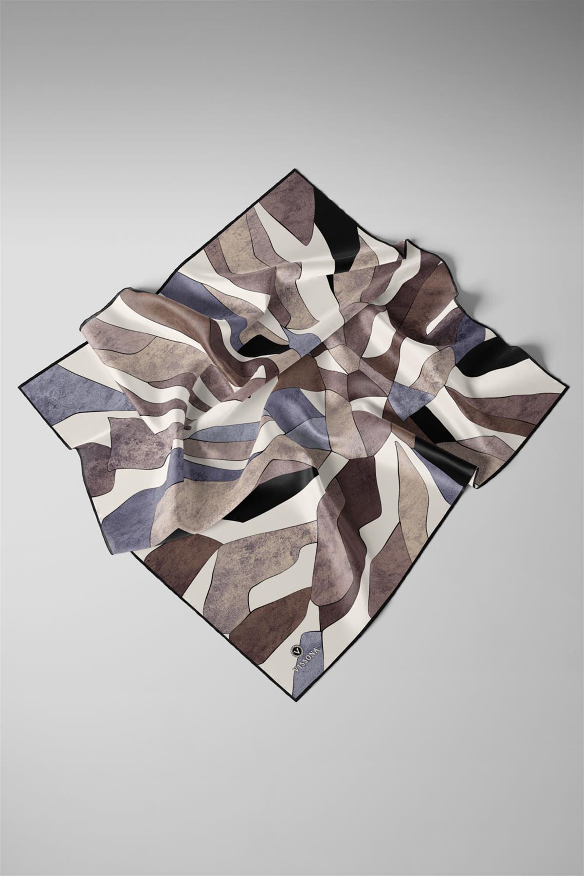 %100 Twill İpek Geometrik Desenli Gri - Bej Renkli 90x90 Eşarp Dikim Şekli : El Dikişi