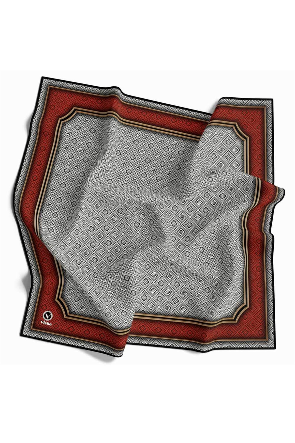 Twill Geometrik Çıtır Desenli Kırmızı Renkli 90x90 Eşarp (İpek İçermez) Kenar Dikiş Şekli El Dikişli