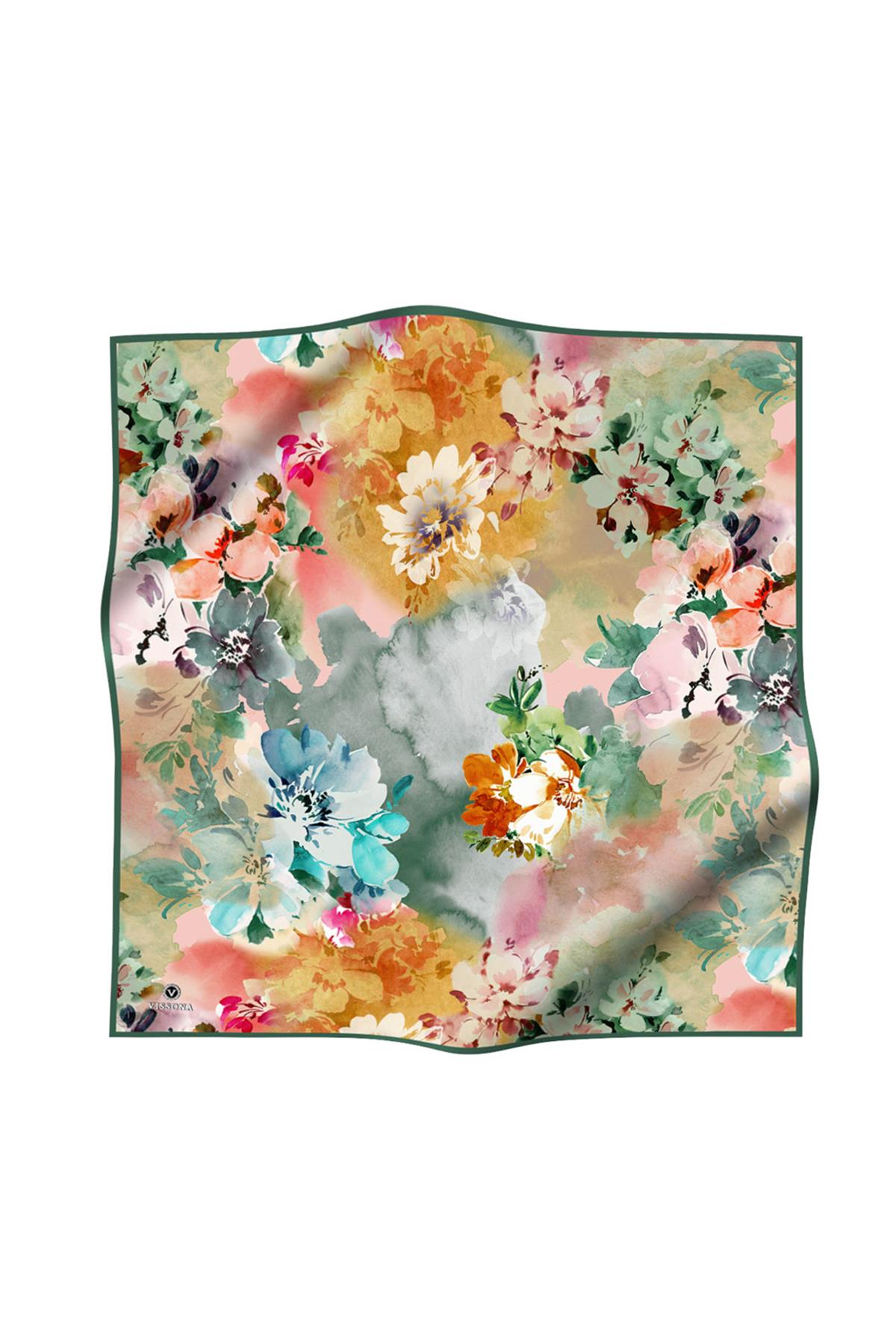 %100 Twill İpek Çiçek  Desenli Zümrüt Yeşili Renkli 90x90 Eşarp Dikim Şekli : El Dikişi