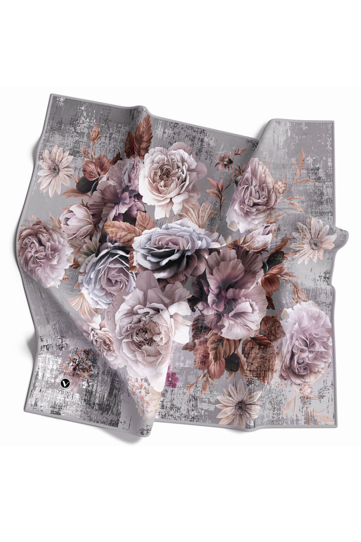 Rayon Büyük Çiçek Desenli Gri Renkli 90x90 Eşarp (İpek İçermez) Kenar Dikiş Şekli El Dikişli