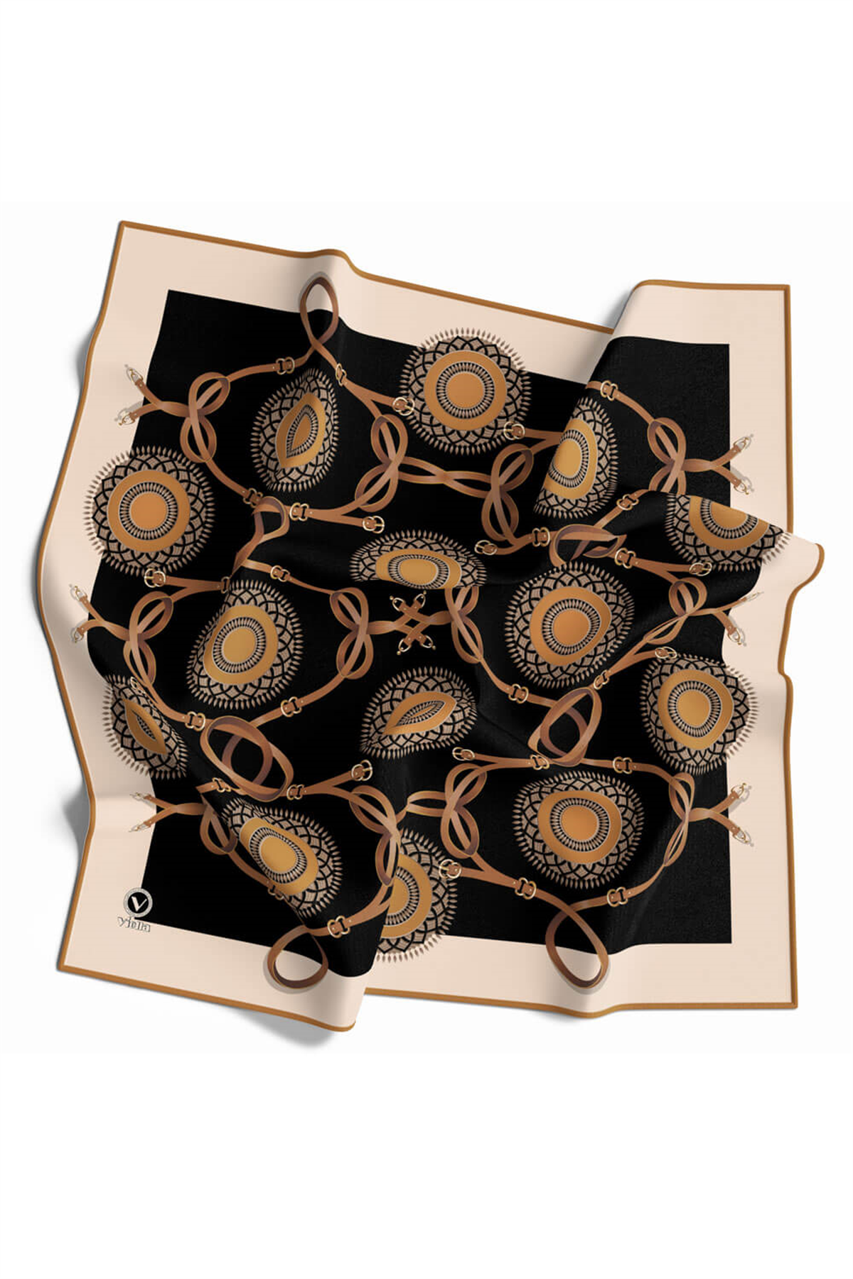 Twill Kemerli Ve Geometrik Desenli Hardal Renkli 90x90 Eşarp (İpek İçermez) Kenar Dikiş Şekli El Dikişli