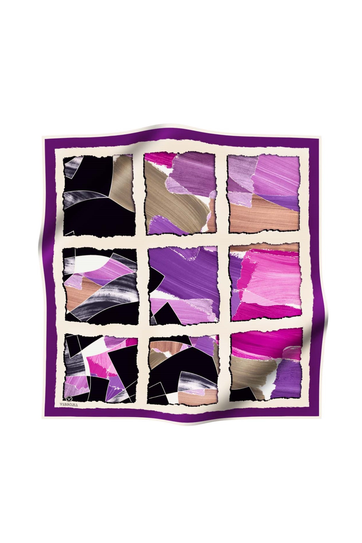 %100 Twill İpek Geometrik Desenli Mor - Pembe Renkli 90x90 Eşarp Dikim Şekli : El Dikişi