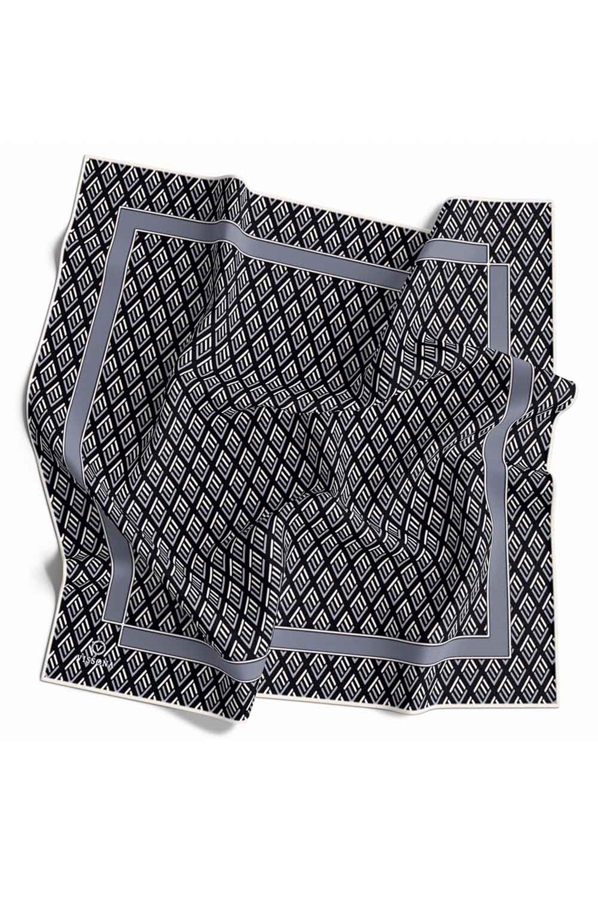 % 57 İPEK % 43 VİSKON Twill İpek Geometrik Desenli Siyah - Gri Renkli 90x90 Eşarp Dikim Şekli : El Dikişi