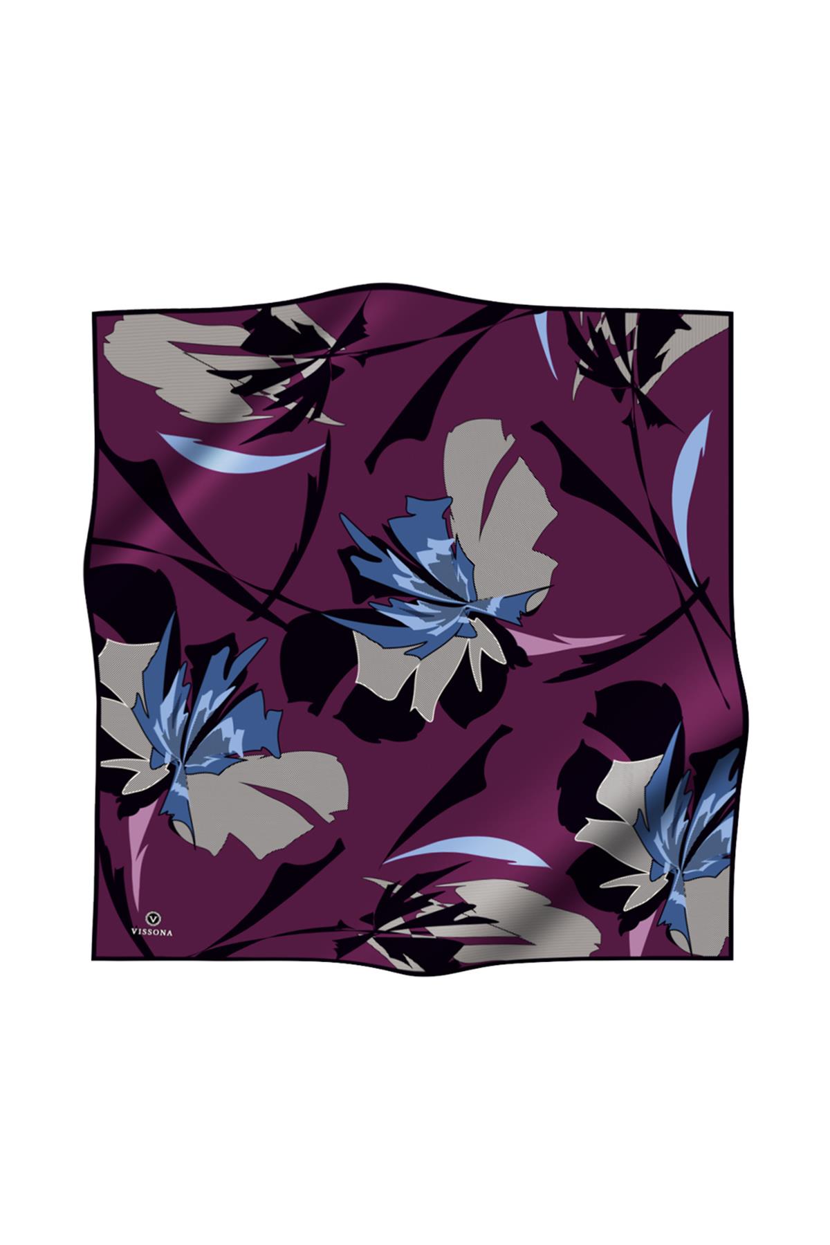 %100 Twill İpek Çiçek Desenli Mürdüm - Siyah Renkli 90x90 Eşarp Dikim Şekli : El Dikişi