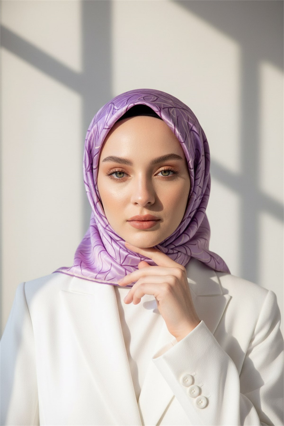 %100 Twill İpek Degrade Desenli Lila Renkli 90x90 Eşarp Dikim Şekli : El Dikişi