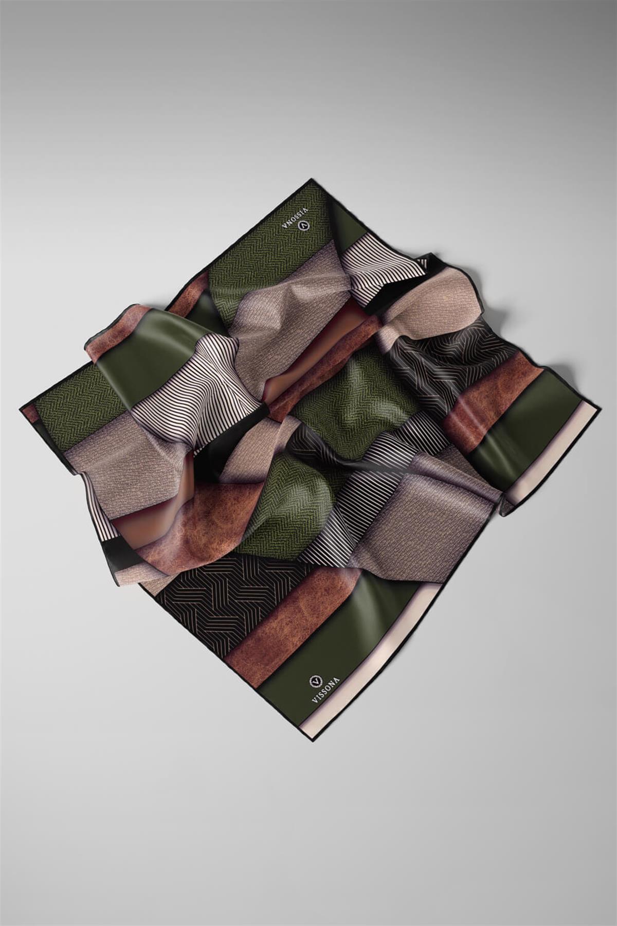 %100 Twill İpek Dokulu ve Geometrik Desenli Haki - Vizon Yeşili Renkli 90x90 Eşarp Dikim Şekli : El Dikişi