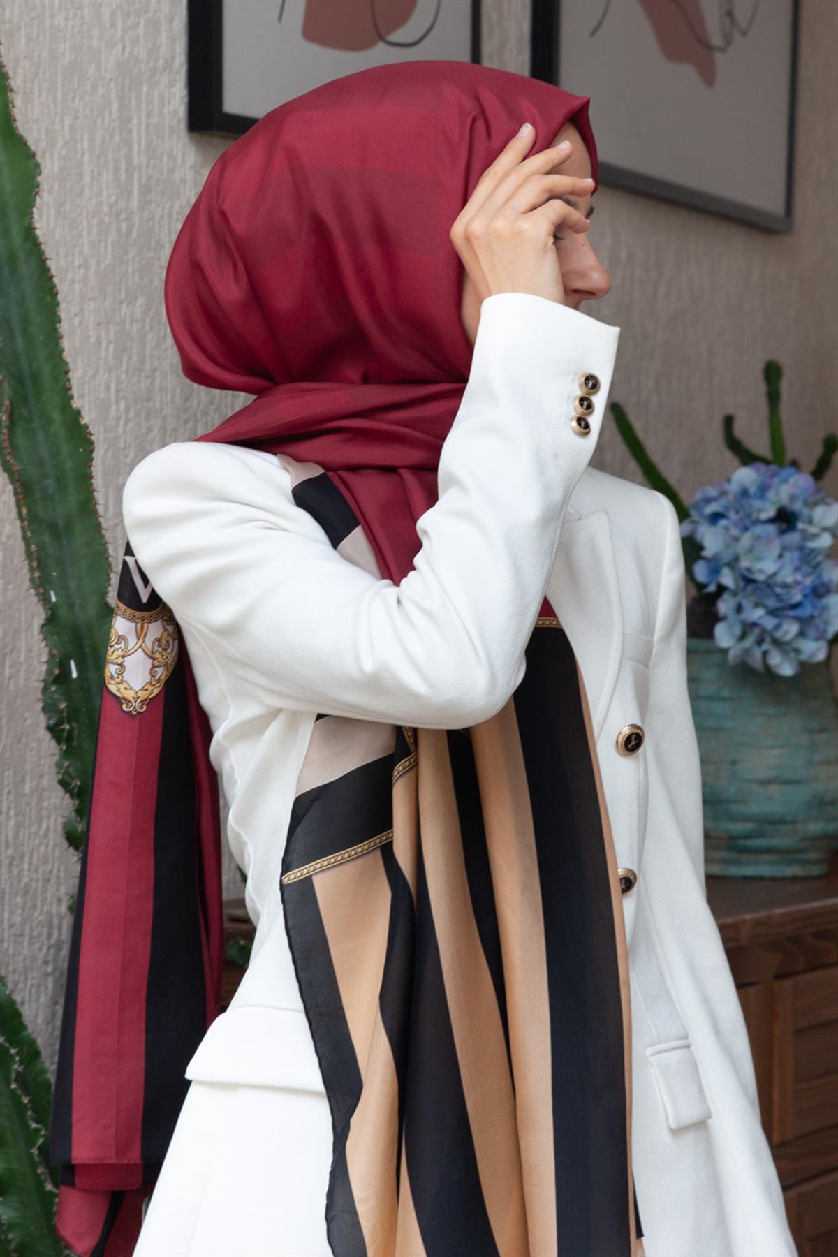 %100 İpek Şerit Ve Varak Desenli Kırmızı - Bej Renkli 92x210 Şal