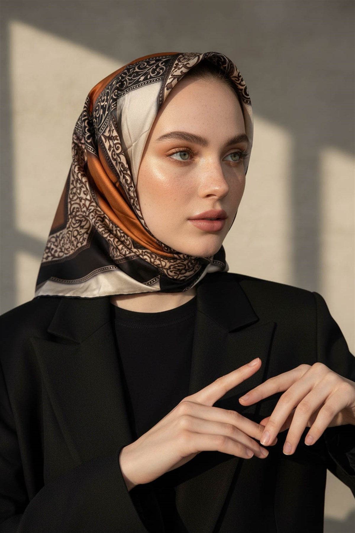 %100 Twill İpek Geometrik Desenli Siyah - Taba Renkli 90x90 Eşarp Dikim Şekli : El Dikişi