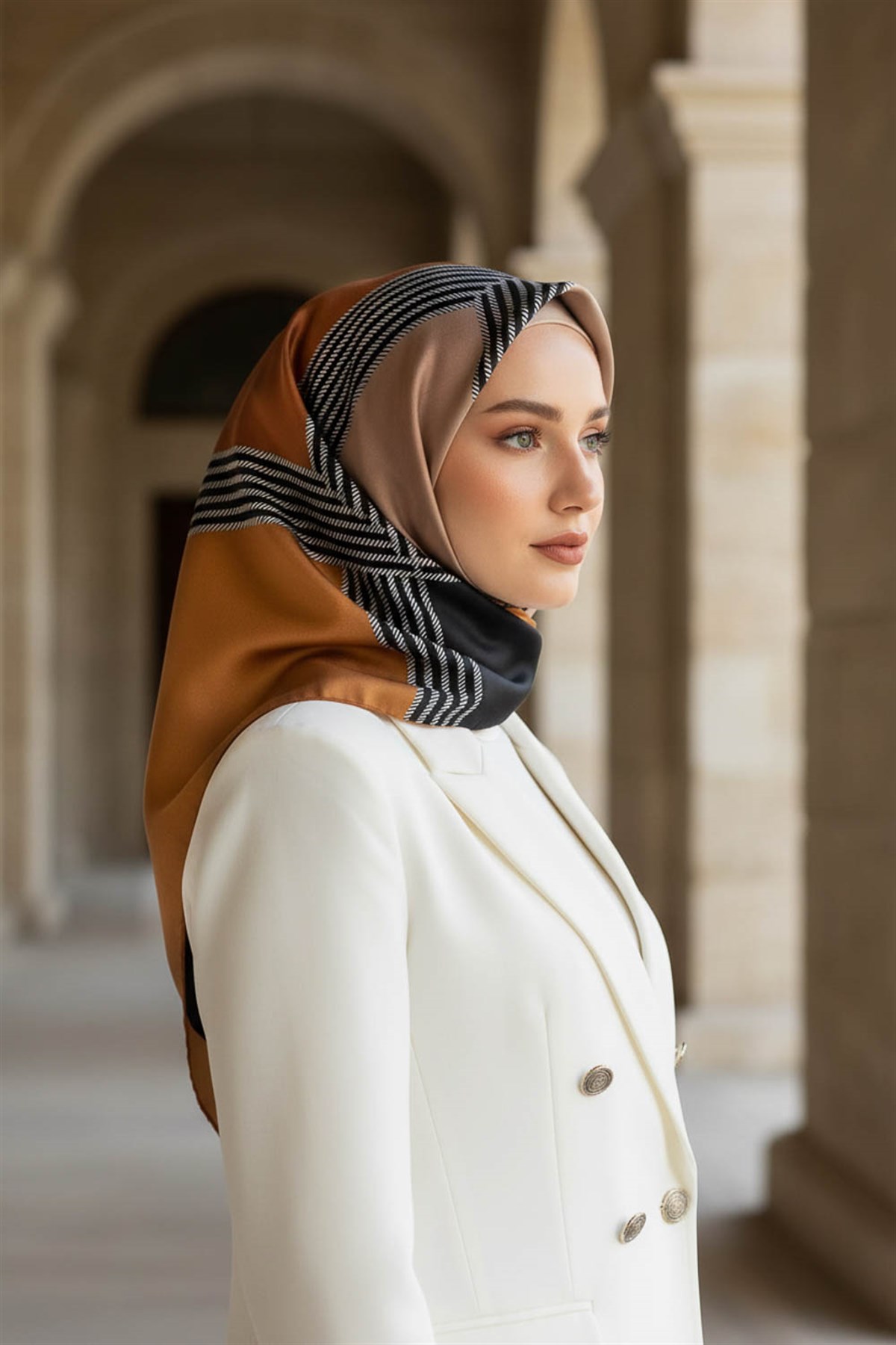 % 57 İPEK % 43 VİSKON Twill İpek Geometrik Desenli Hardal Renkli 90x90 Eşarp Dikim Şekli : El Dikişi