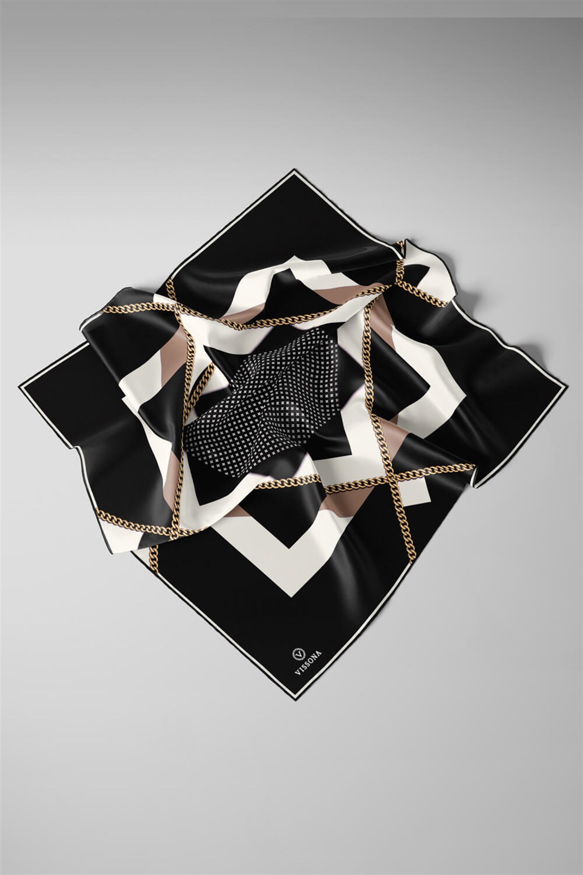 %100 Twill İpek Geometrik Desenli Siyah - Krem Renkli 90x90 Eşarp Dikim Şekli : El Dikişi