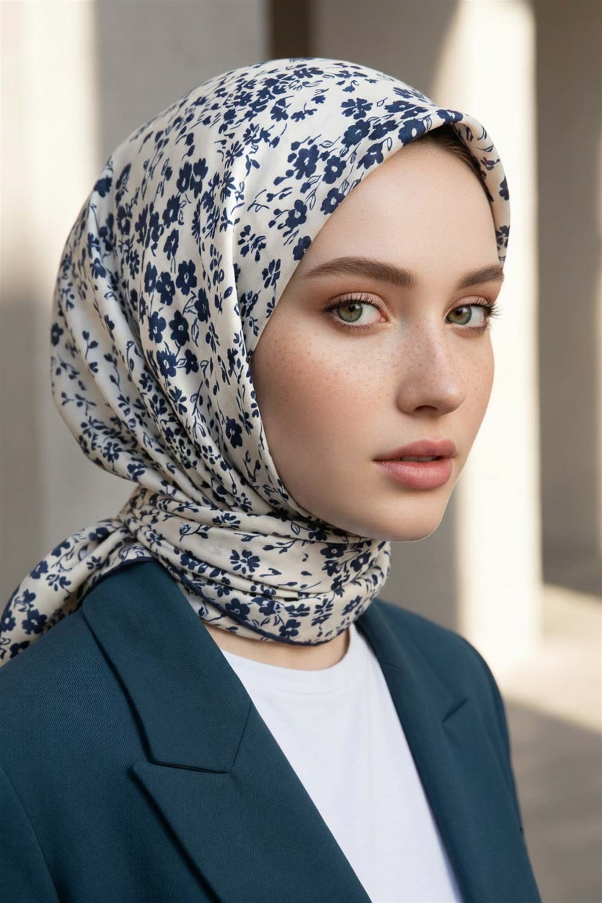 %100 Twill İpek Çıtır Çiçek Desenli Krem - Lacivert Renkli 90x90 Eşarp Dikim Şekli : El Dikişi