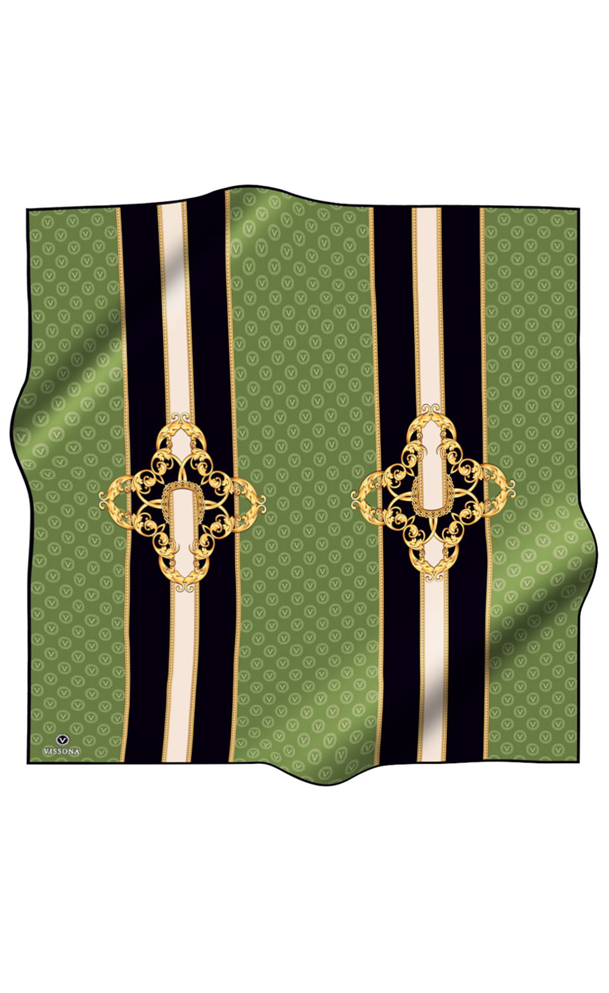 %100 Twill İpek Monogramlı Ve Barok Desenli Haki - Siyah Renkli 90x90 Eşarp Dikim Şekli : El Dikişi