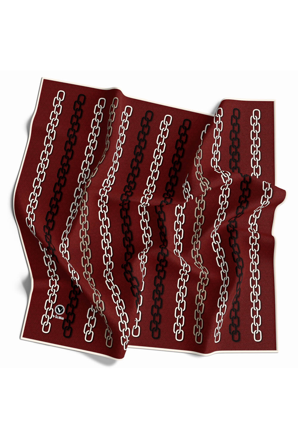 Twill Zincir Desenli Bordo Renkli 90x90 Eşarp (İpek İçermez) Kenar Dikiş Şekli El Dikişli