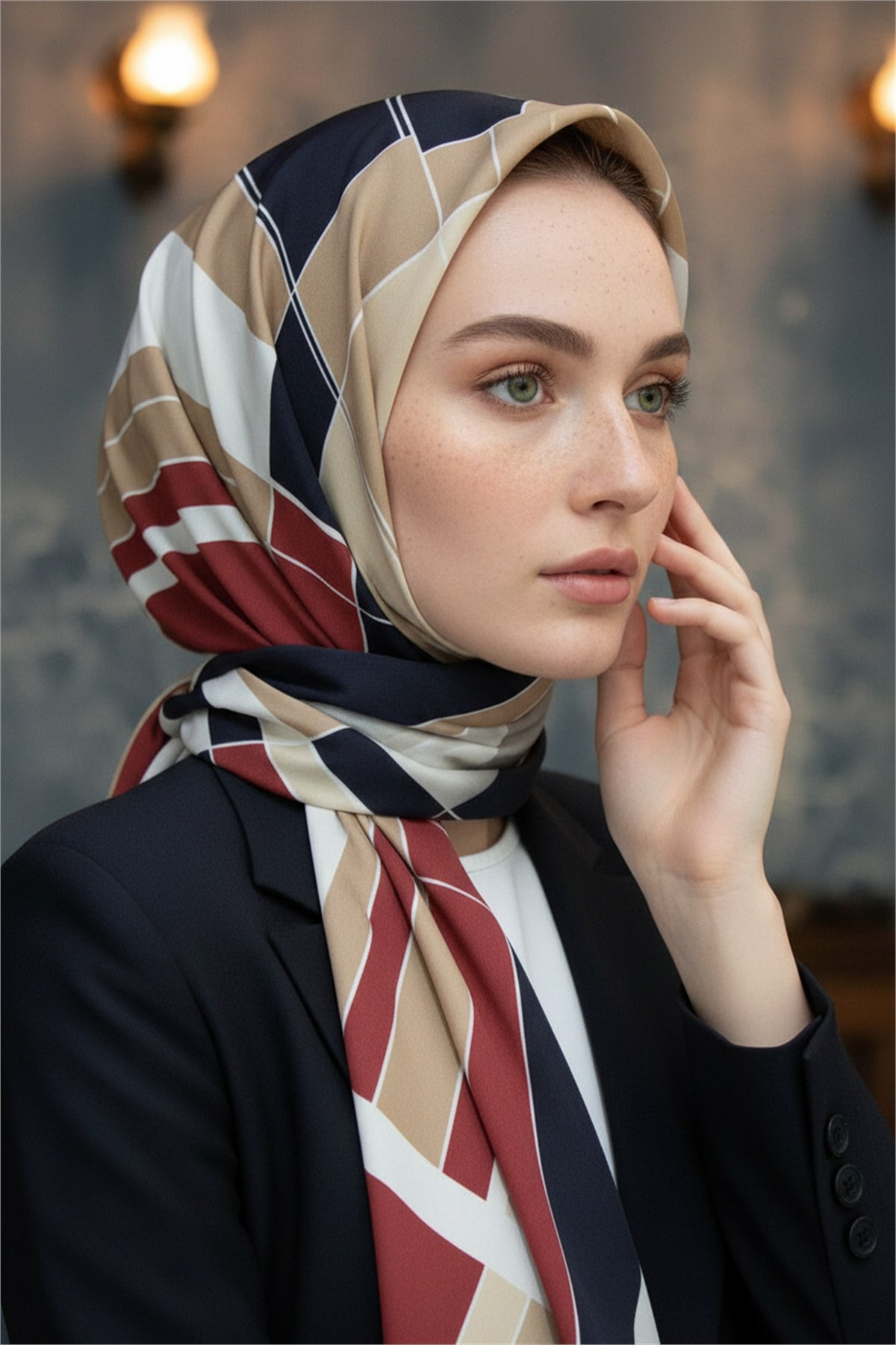 KREP GEOMETRİK DESENLİ BORDO RENKLİ 75X195 KIRIŞMAZ ŞAL