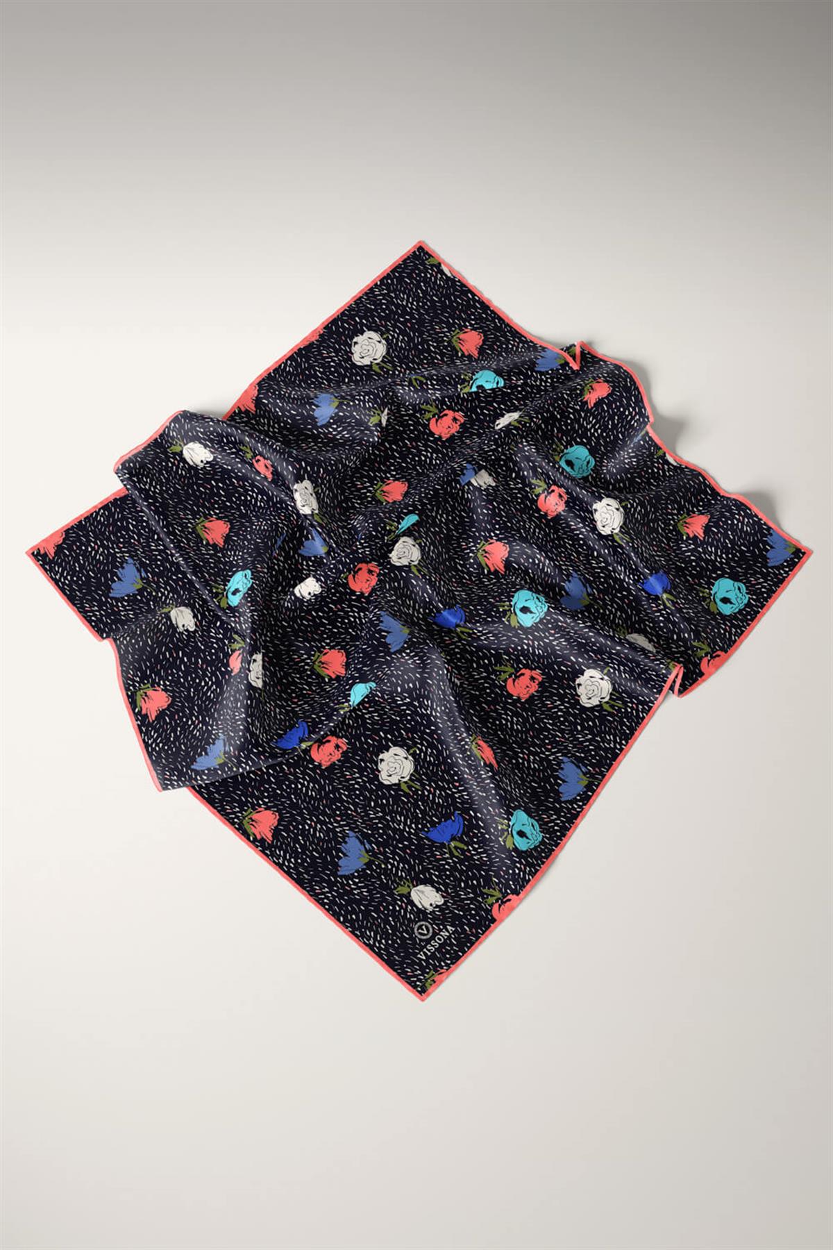 %100 Twill İpek Çıtır Çiçek Desenli Lacivert - Saks Renkli 90x90 Eşarp Dikim Şekli : El Dikişi