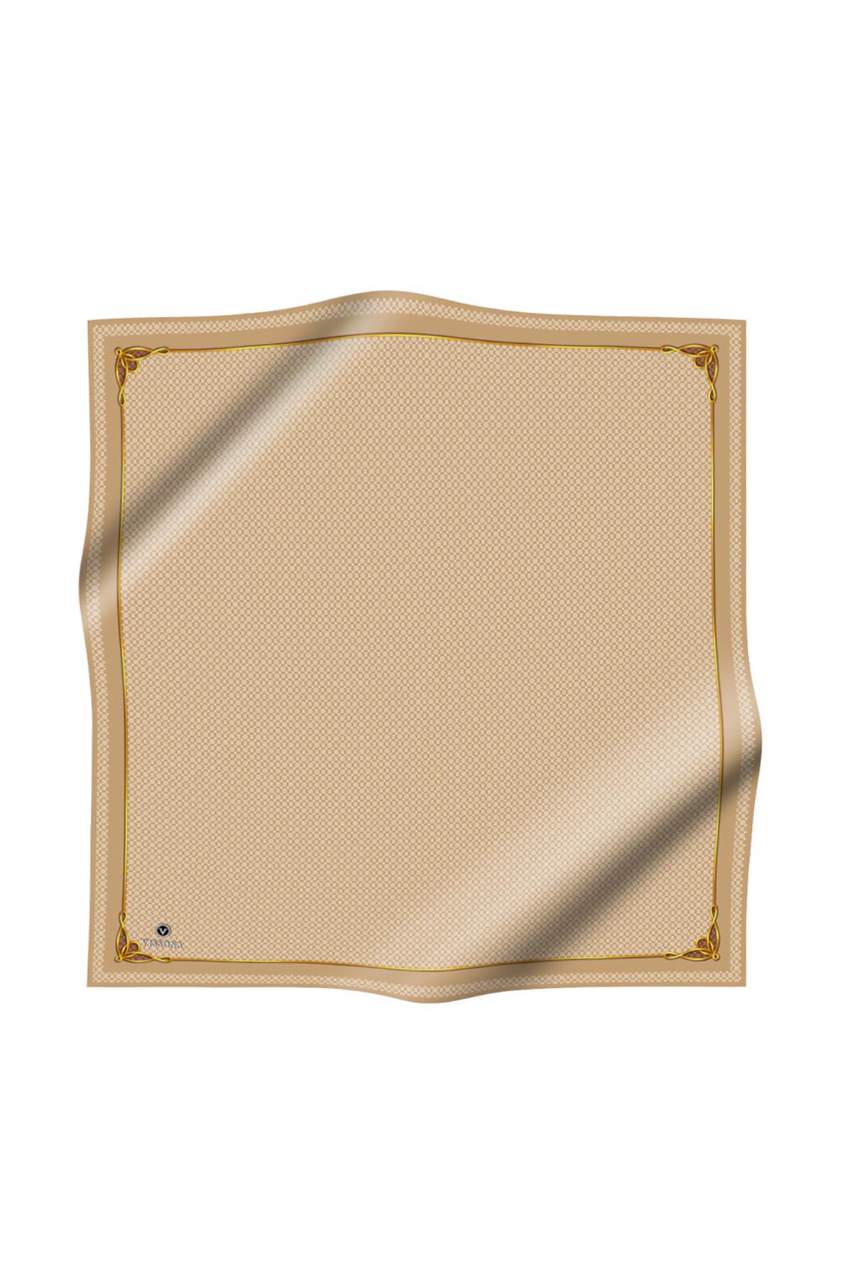 %100 Twill İpek Minik Motif Desenli Bej - Krem Renkli 90x90 Eşarp Dikim Şekli : El Dikişi