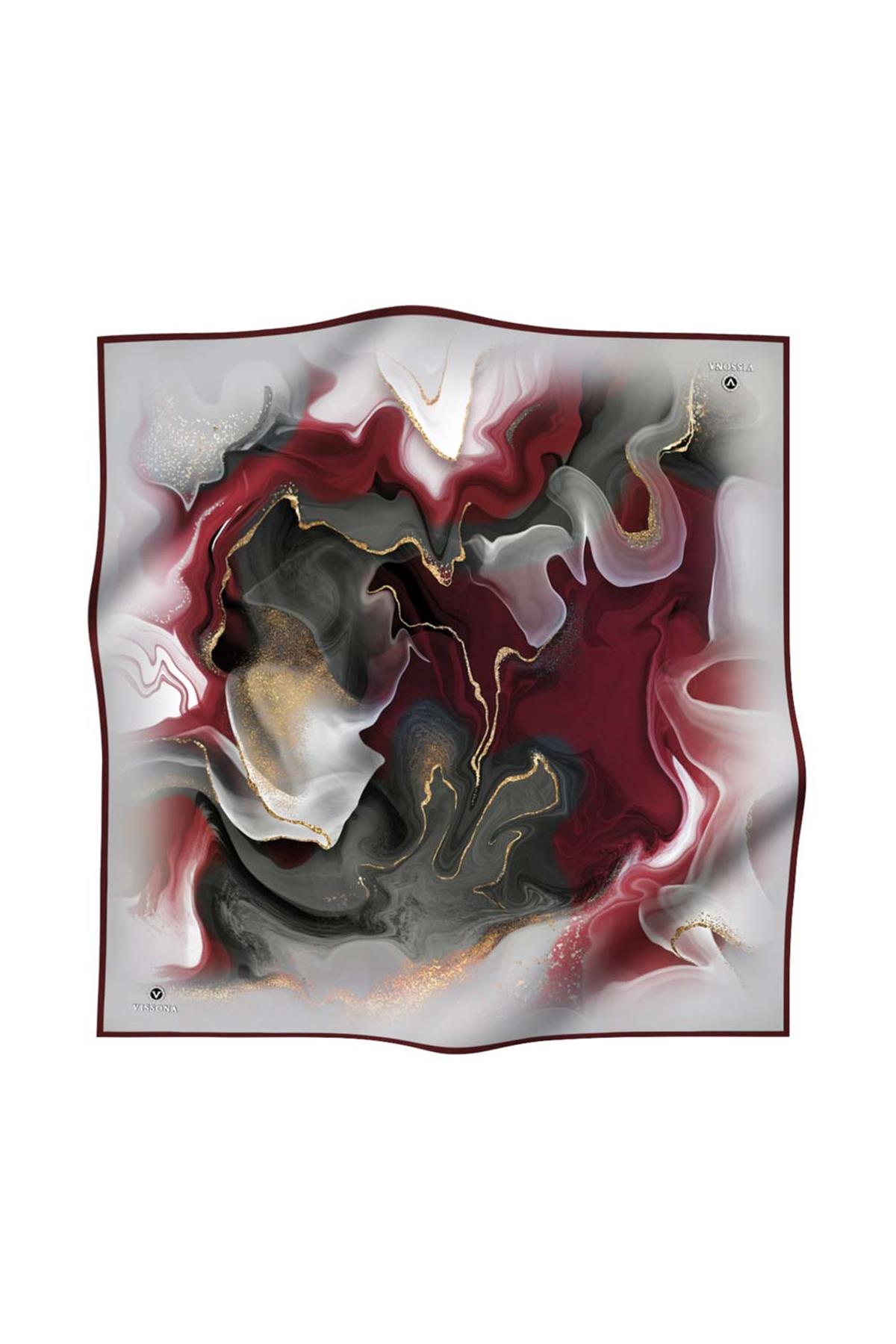 %100 Twill İpek Batik Desenli Bordo - Füme Renkli 90x90 Eşarp Dikim Şekli : El Dikişi