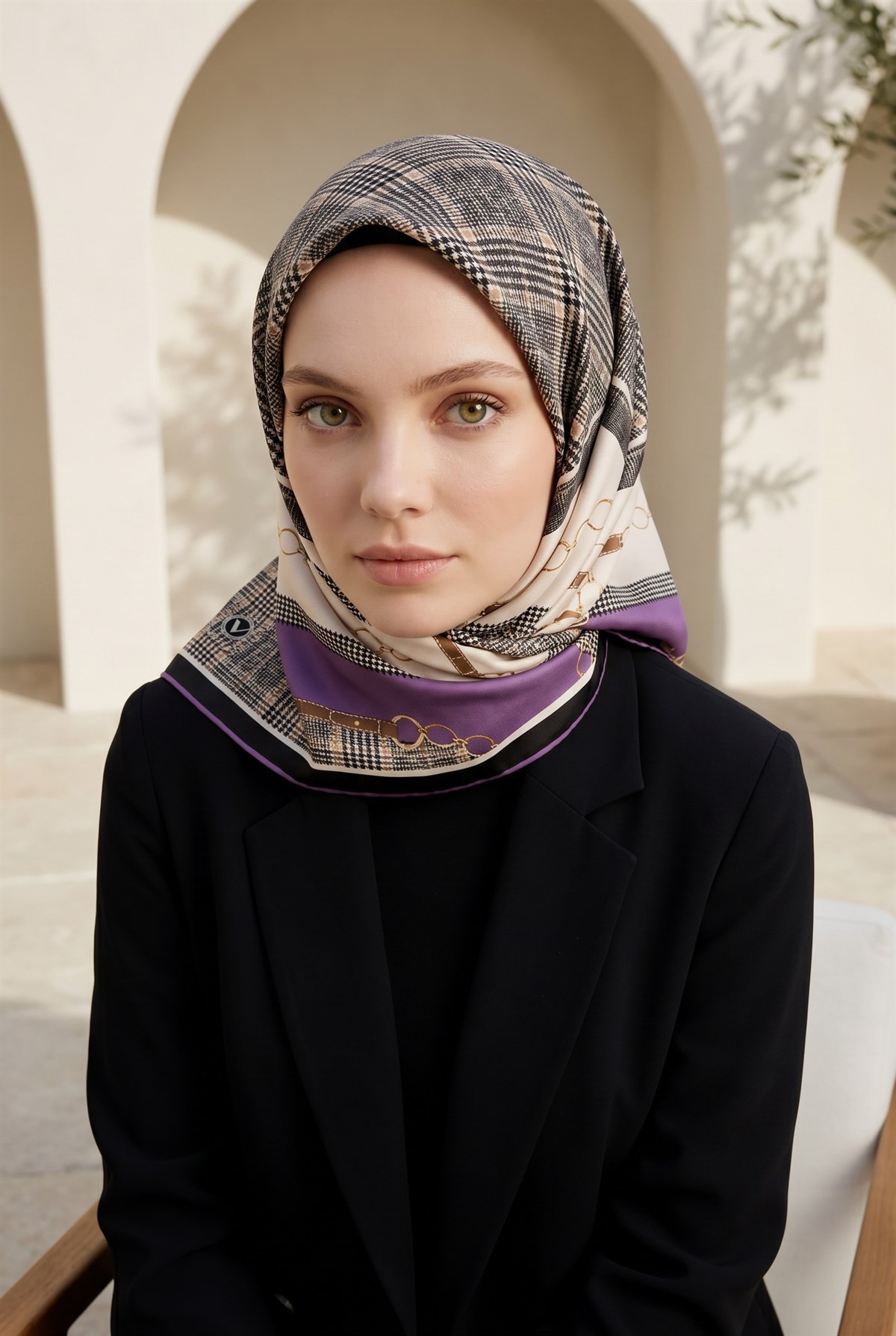 Twill Kemer ve Zincir Detaylı Ekose Desenli Lila Renkli 90x90 Eşarp (İpek İçermez) Kenar Dikiş Şekli El Dikişli