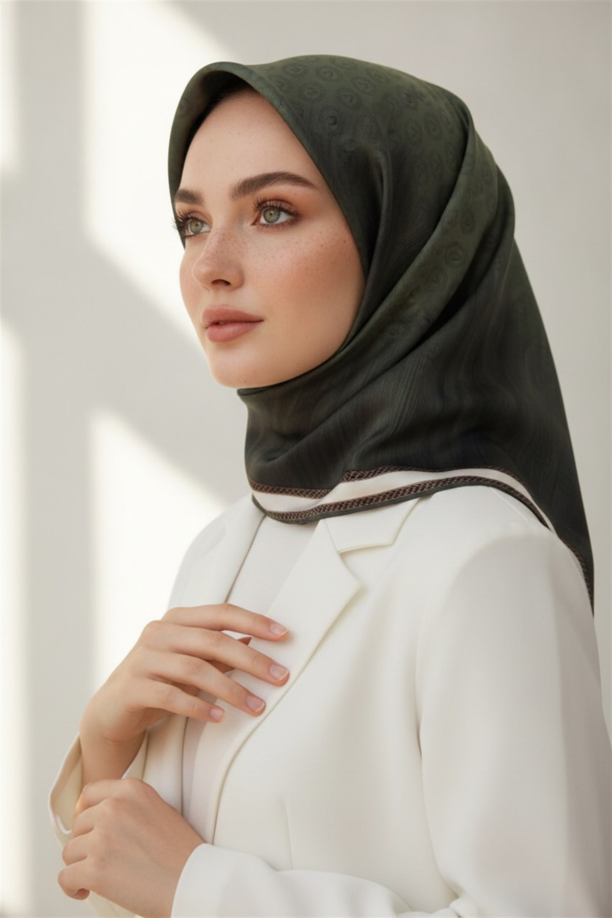 100% Twill İpek Monogram Desenli Haki Renkli 90x90 Dikim Şekli : El Dikişi Eşarp