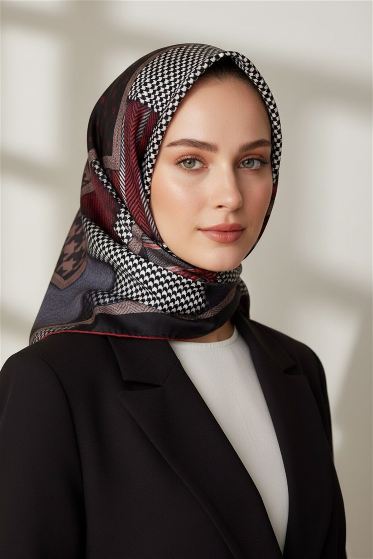 %100 Twill İpek Kazakayaklı Ve Ekose Desenli Siyah - Bordo Renkli 90x90 Eşarp Dikim Şekli : El Dikişi