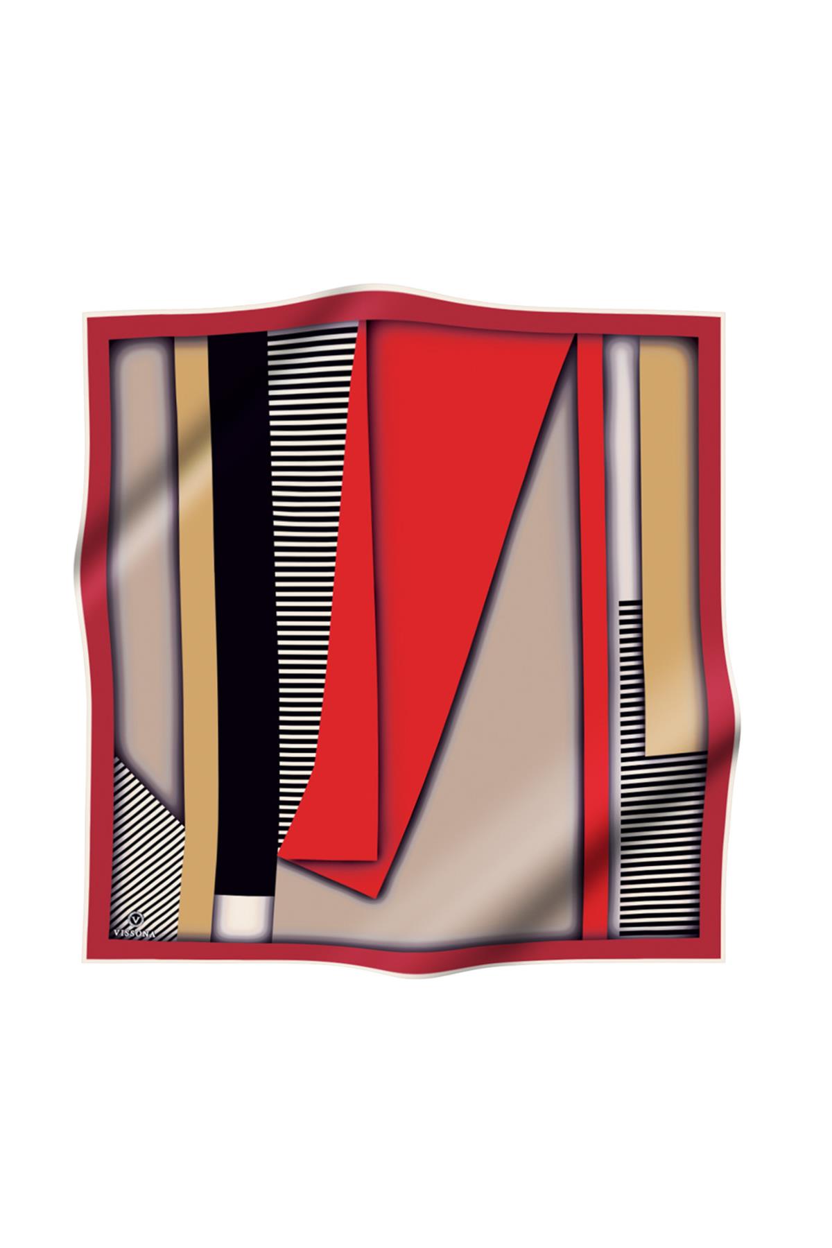 %100 Twill Renk Bloklu Çizgili Desenli Kırmızı - Bej Renkli 90x90 Eşarp Dikim Şekli: El Dikişii