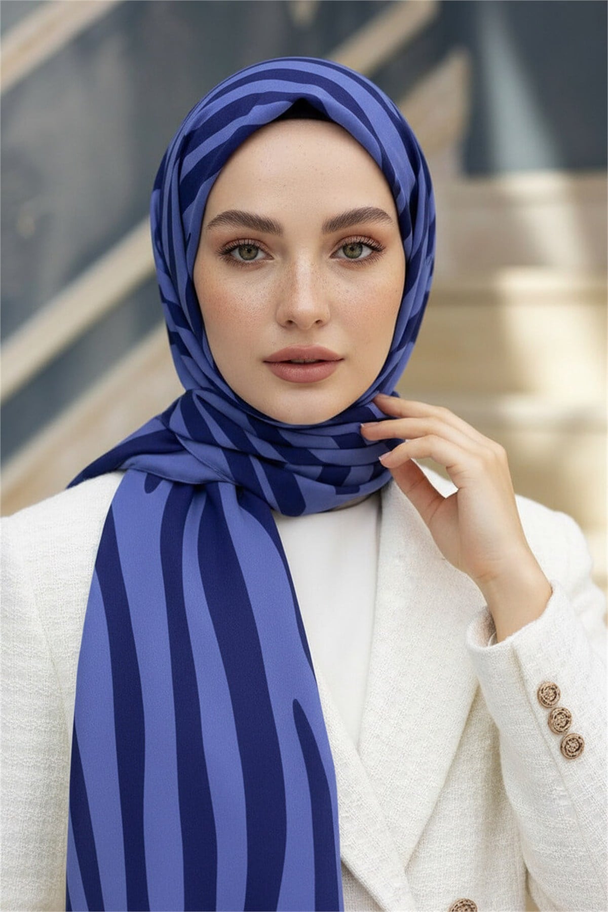 Kırışmaz Krep Şal Zebra Desenli İndigo 75x190 cm – Kolay Şekil Alan