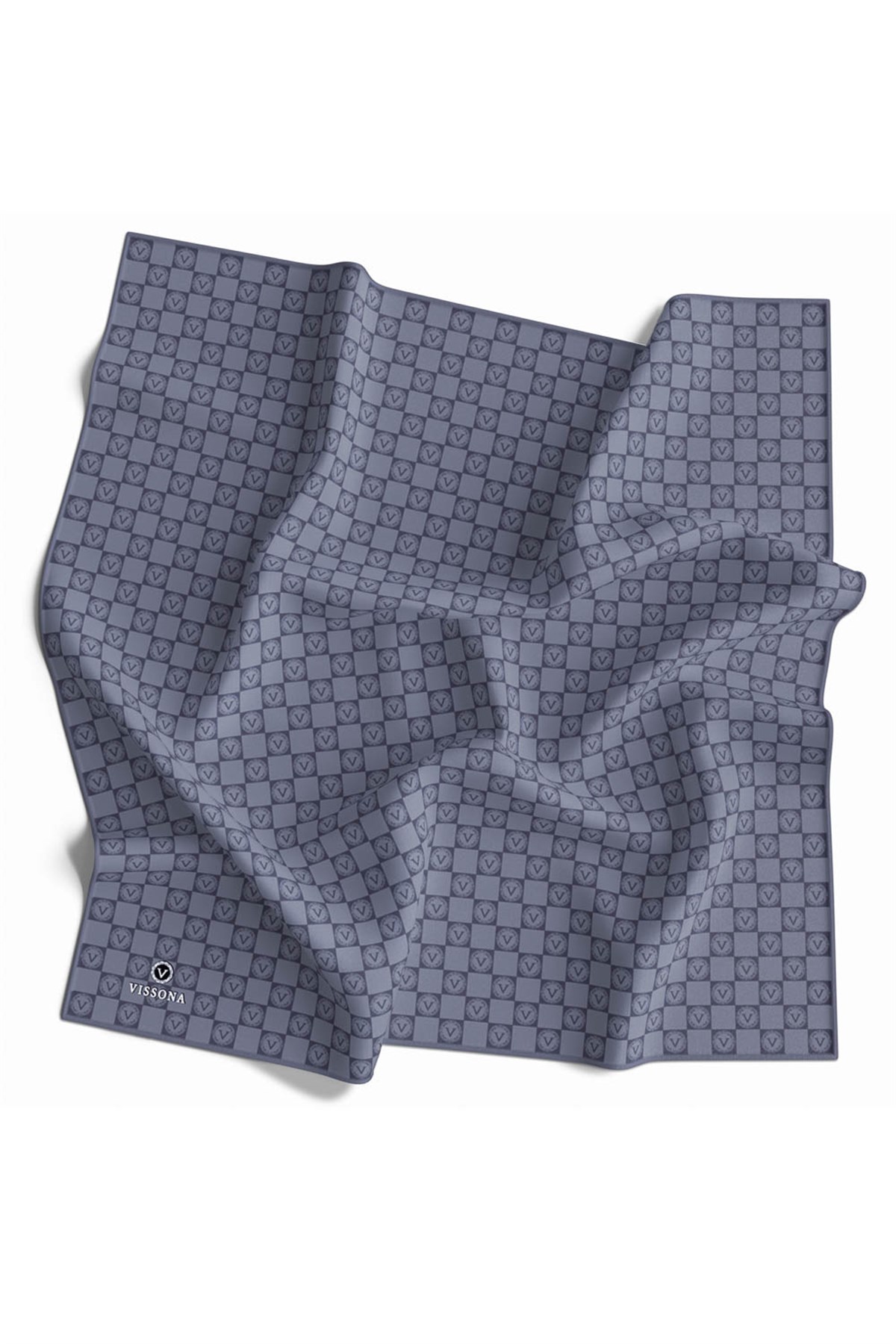 % 57 İPEK % 43 VİSKON Twill İpek Monogram Desenli Gri Renkli 90x90 Eşarp Dikim Şekli : El Dikişi