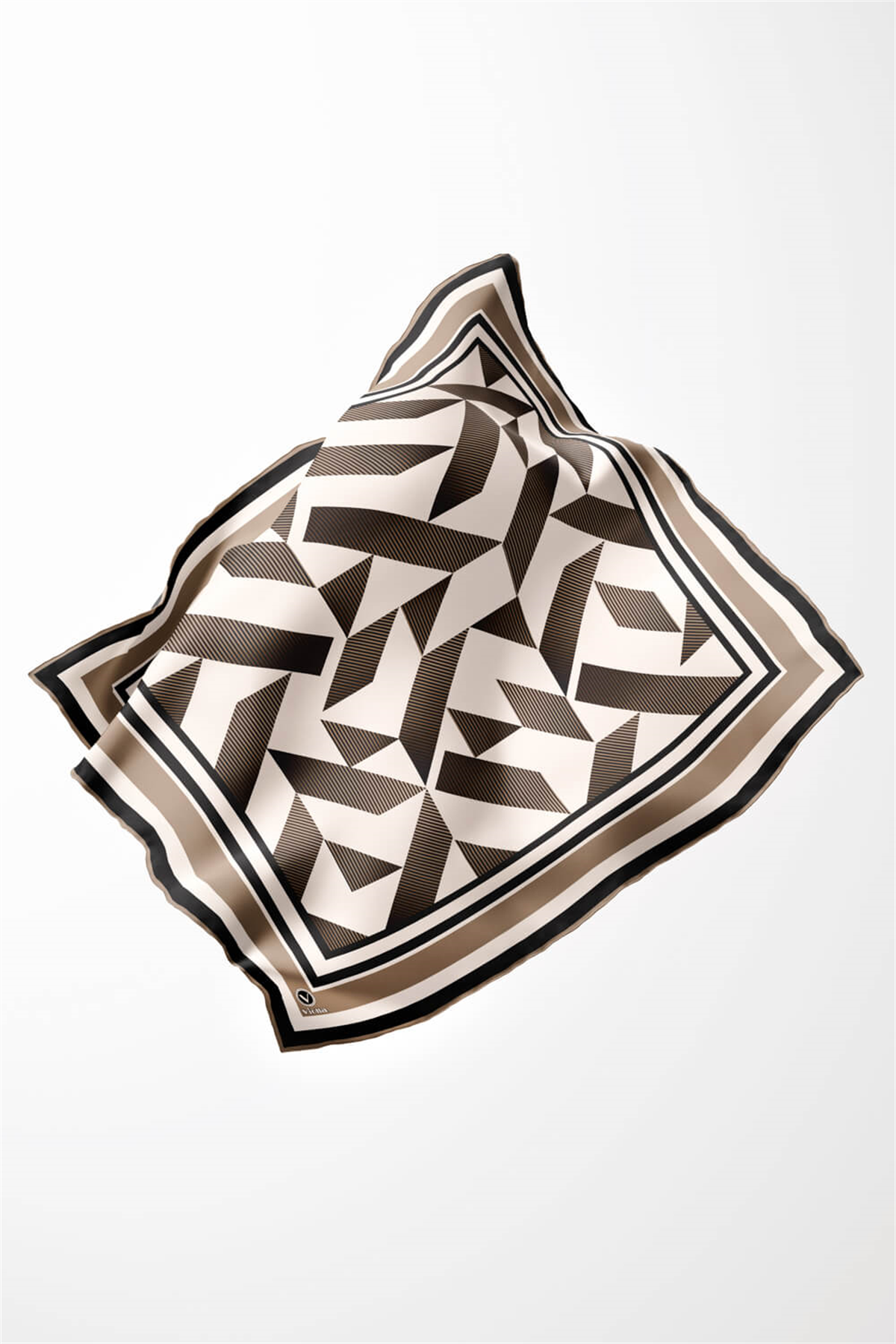 Twill Geometrik Desenli Bej Renkli 90x90 Eşarp (İpek İçermez) Kenar Dikiş Şekli El Dikişli