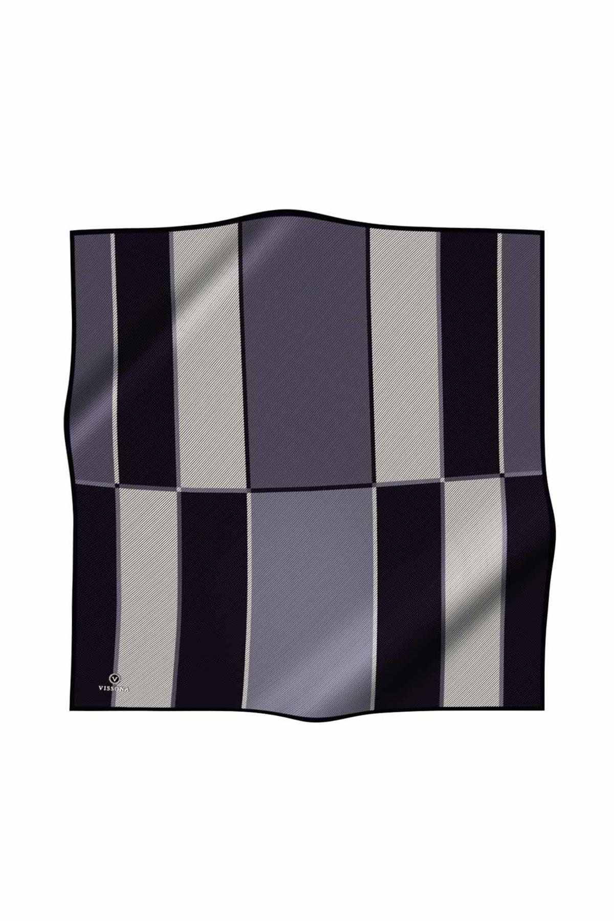 %100 Twill İpek Geometrik Desenli Gri Renkli 90x90 Eşarp Dikim Şekli : El Dikişi