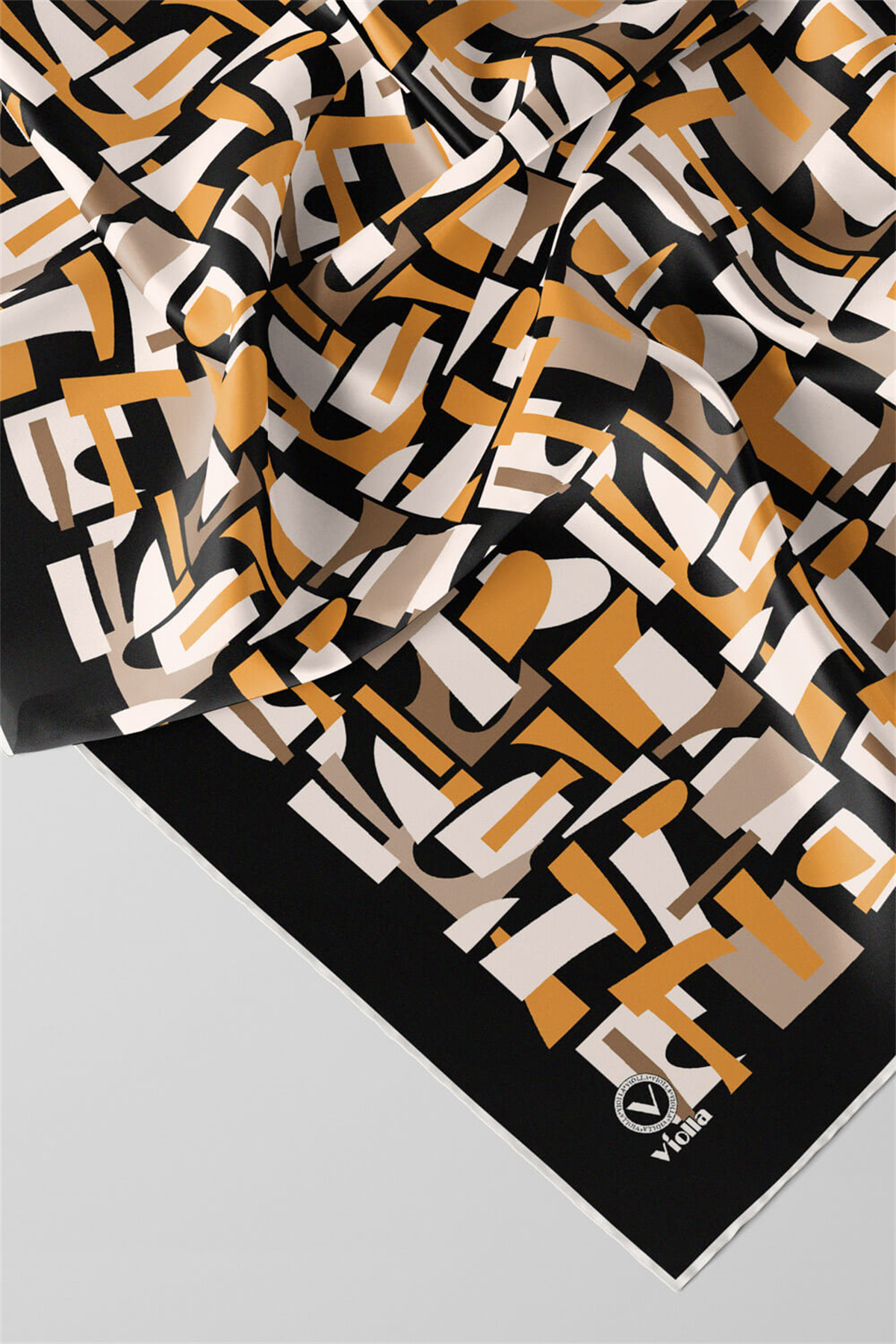 Twill Geometrik Desenli Hardal - Bej Renkli 90x90 Eşarp (İpek İçermez) Dikim Şekli : El Dikişi