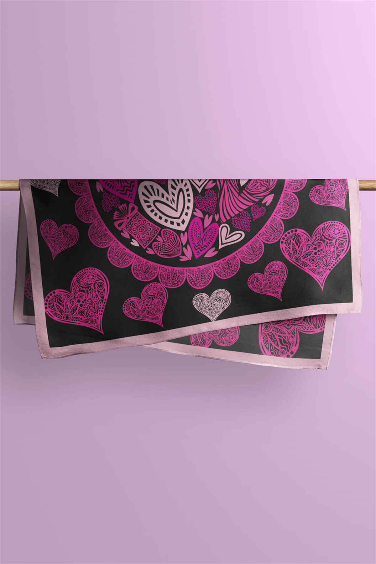 D103 Kadın Kalp Desenli Bandana 50x50 Pembe DG0296-22