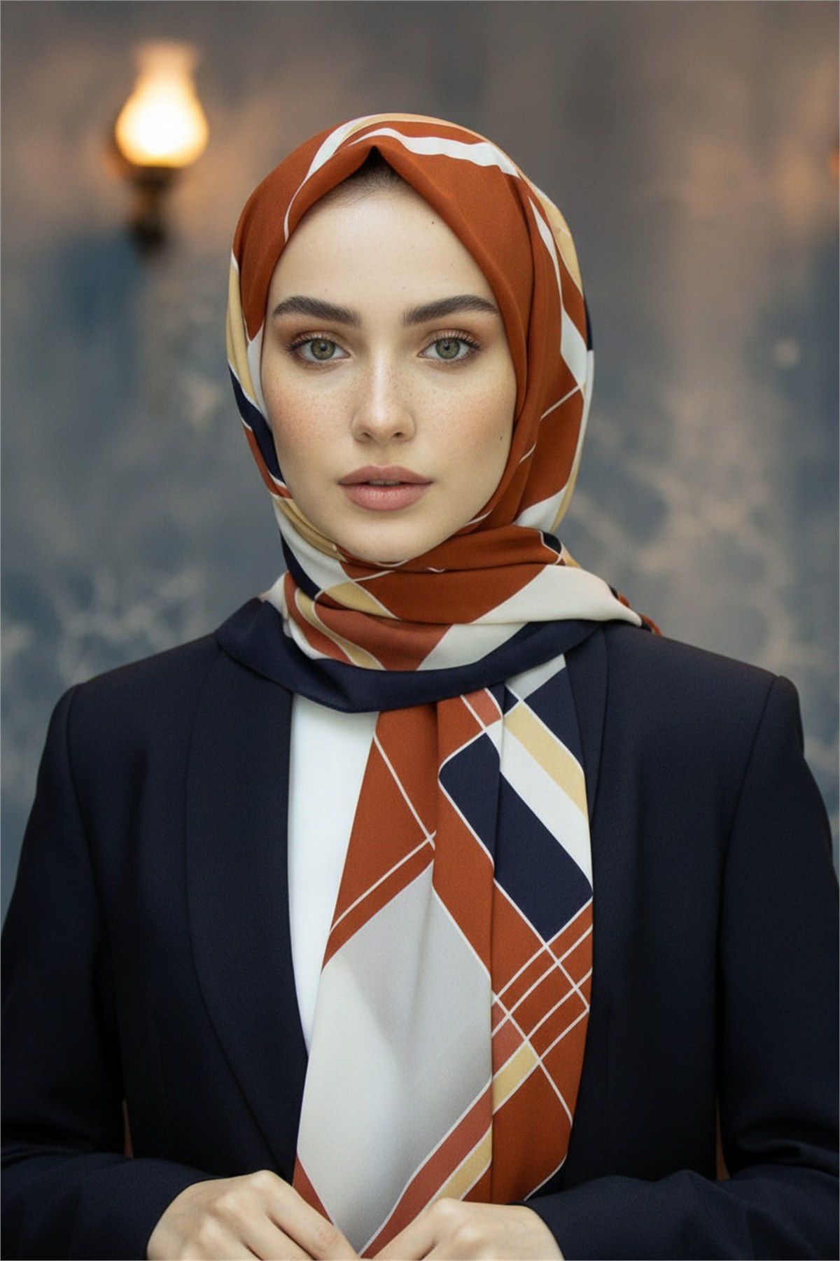 KREP GEOMETRİK DESENLİ TABA RENKLİ 75X195 KIRIŞMAZ ŞAL