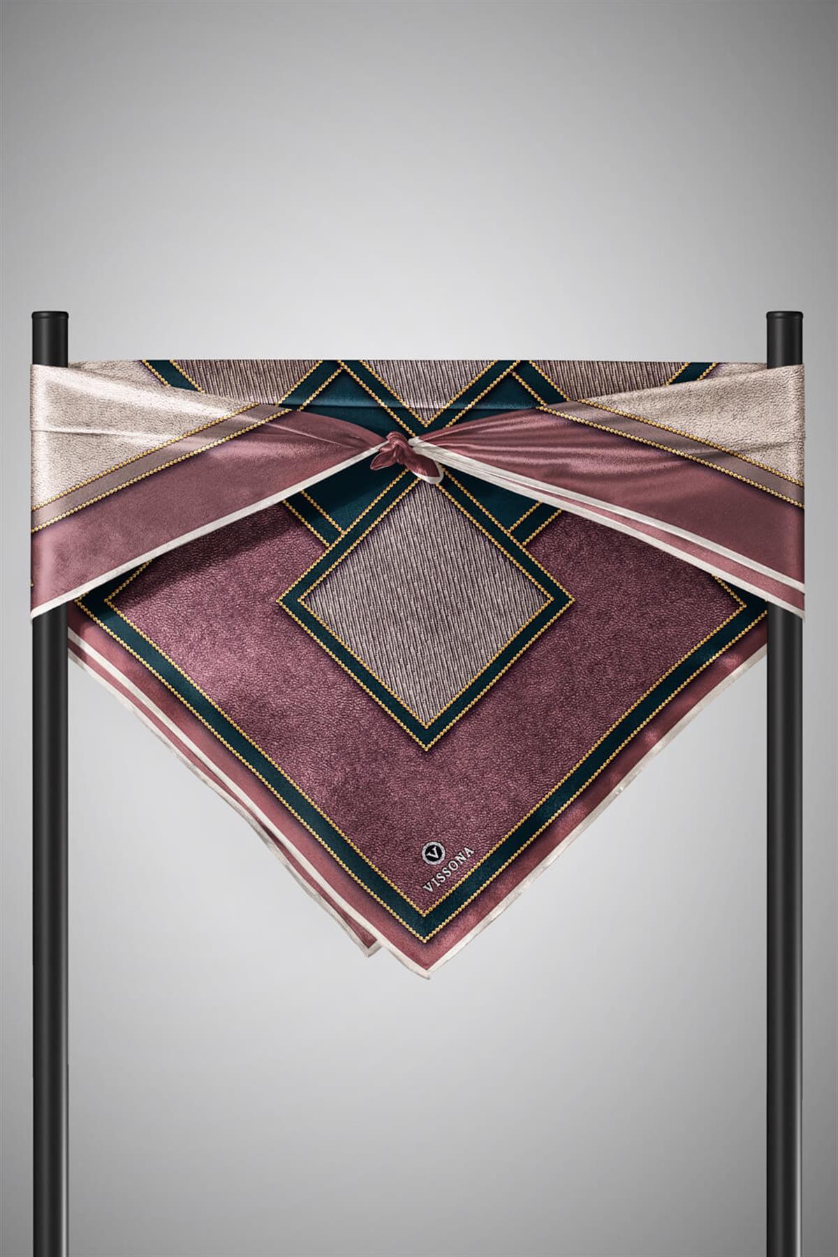 100% Twill İpek Gold Detaylı Kare Desenli Gül Kurusu - Petrol Yeşili Renkli 90x90 Dikim Şekli : El Dikişi