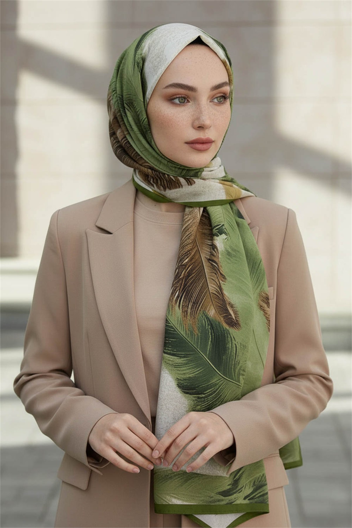 KREP YAPRAK DESENLİ HAKİ YEŞİLİ RENKLİ 75X195 KIRIŞMAZ ŞAL