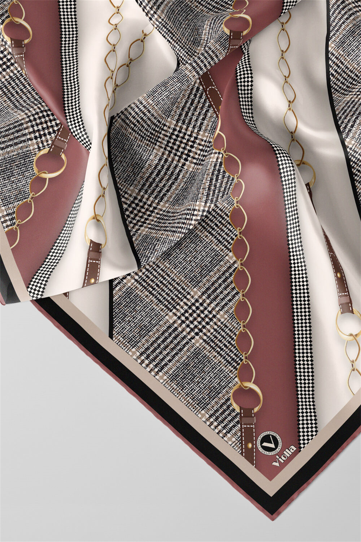 Twill Kemer Desenli Pudra Renkli 90x90 Eşarp (İpek İçermez) Kenar Dikiş Şekli El Dikişli