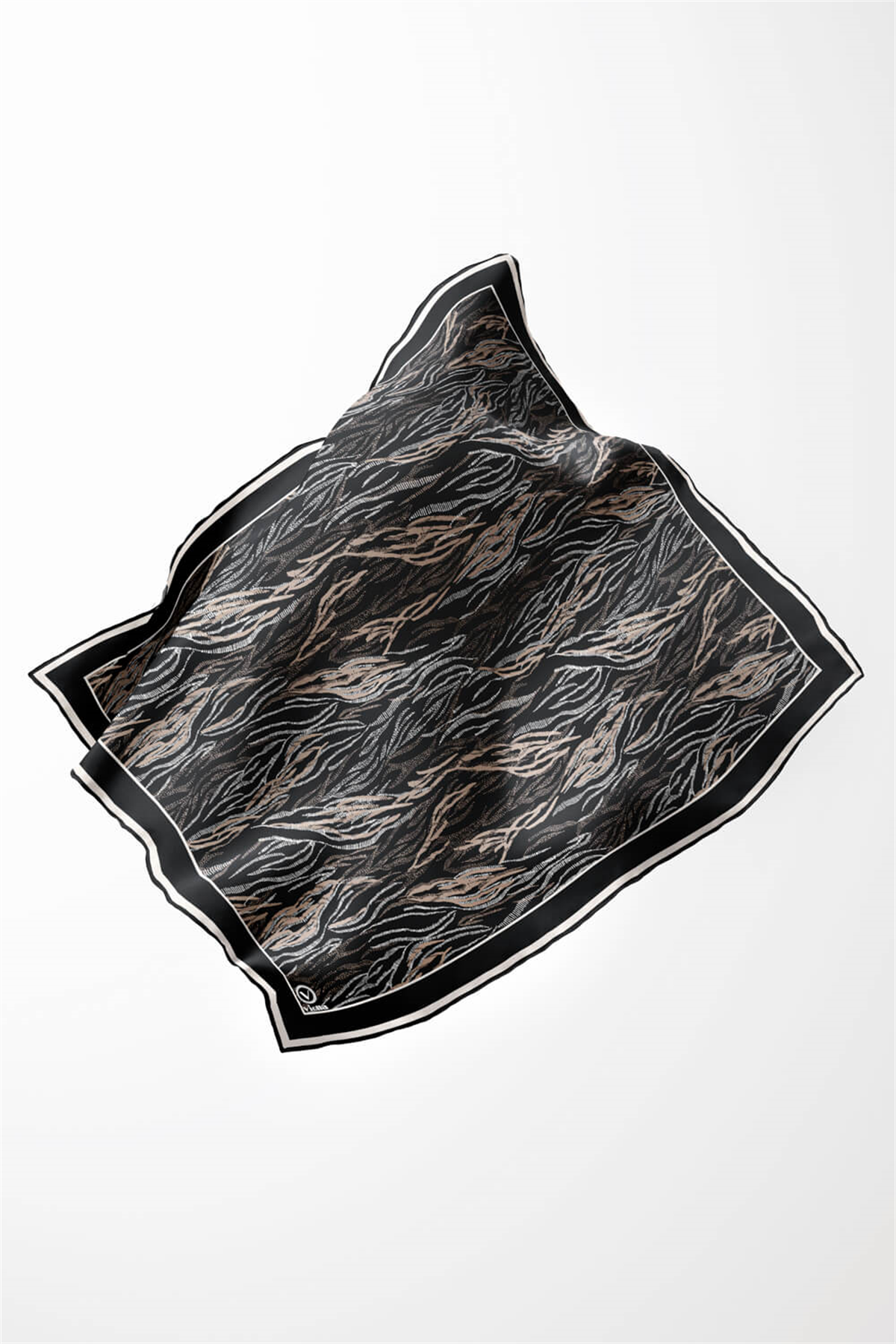 Twill Soyut Çizgi Desenli Siyah Renkli 90x90 Eşarp (İpek İçermez) Kenar Dikiş Şekli El Dikişli
