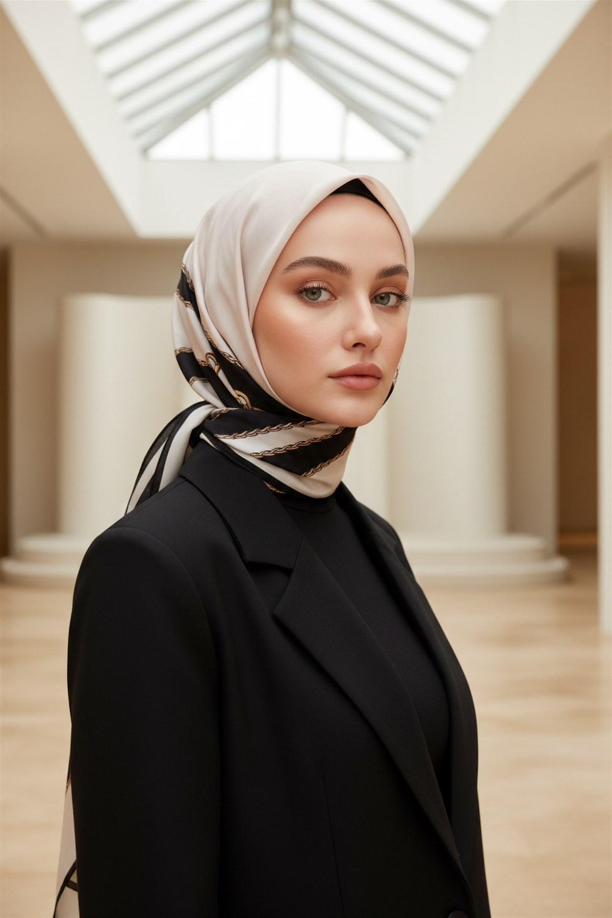 %100 Saf İpek Şal İnce Saten Vual Dokuma Geometrik Desenli Siyah - Pudra Renkli 90x210 Şal