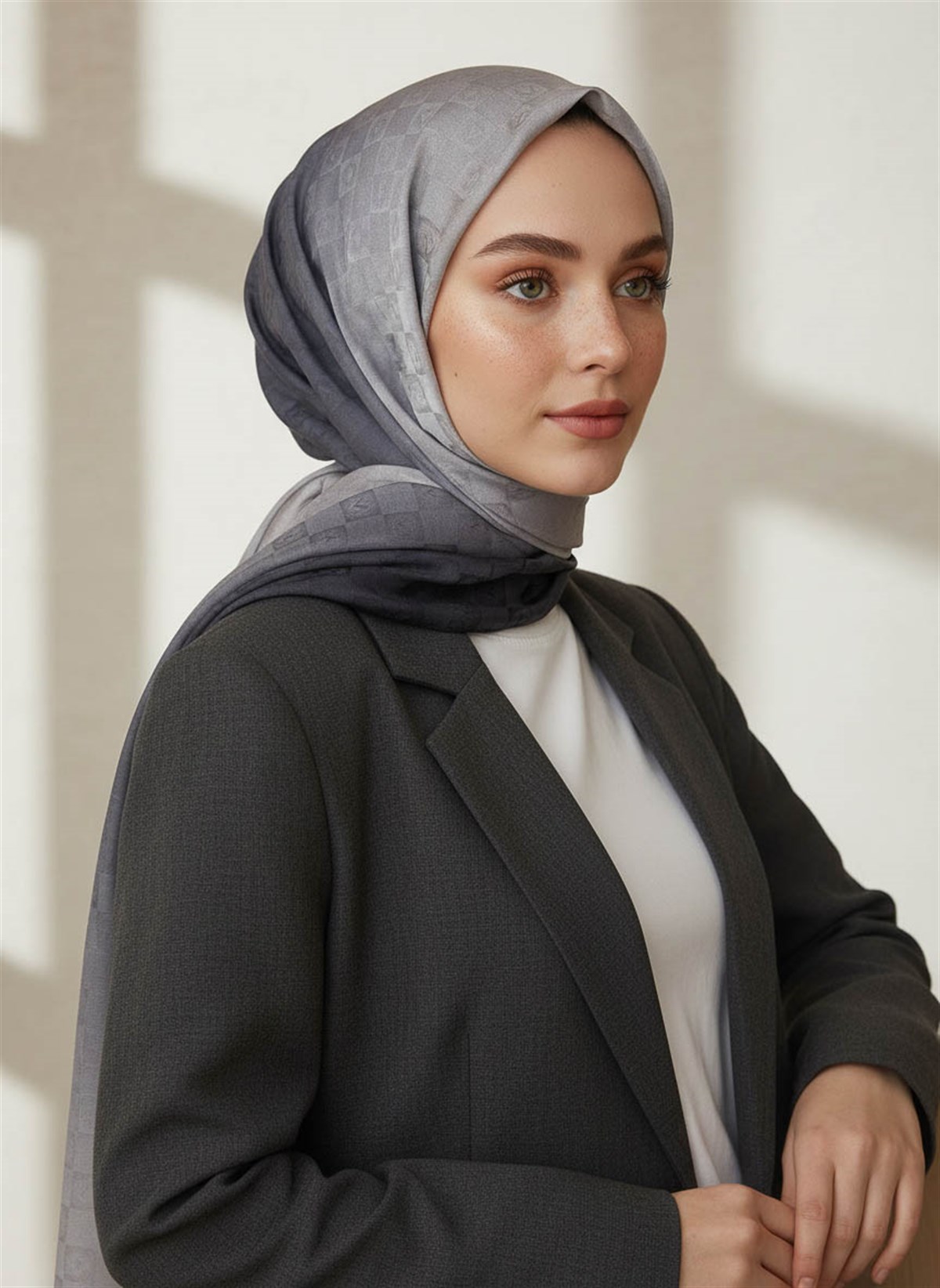 Vissona %57 İPEK %43 PAMUK Degrade Desenli Gri Renkli Şal -  70x190 Dikiş Tipi İtalyan Dikişli