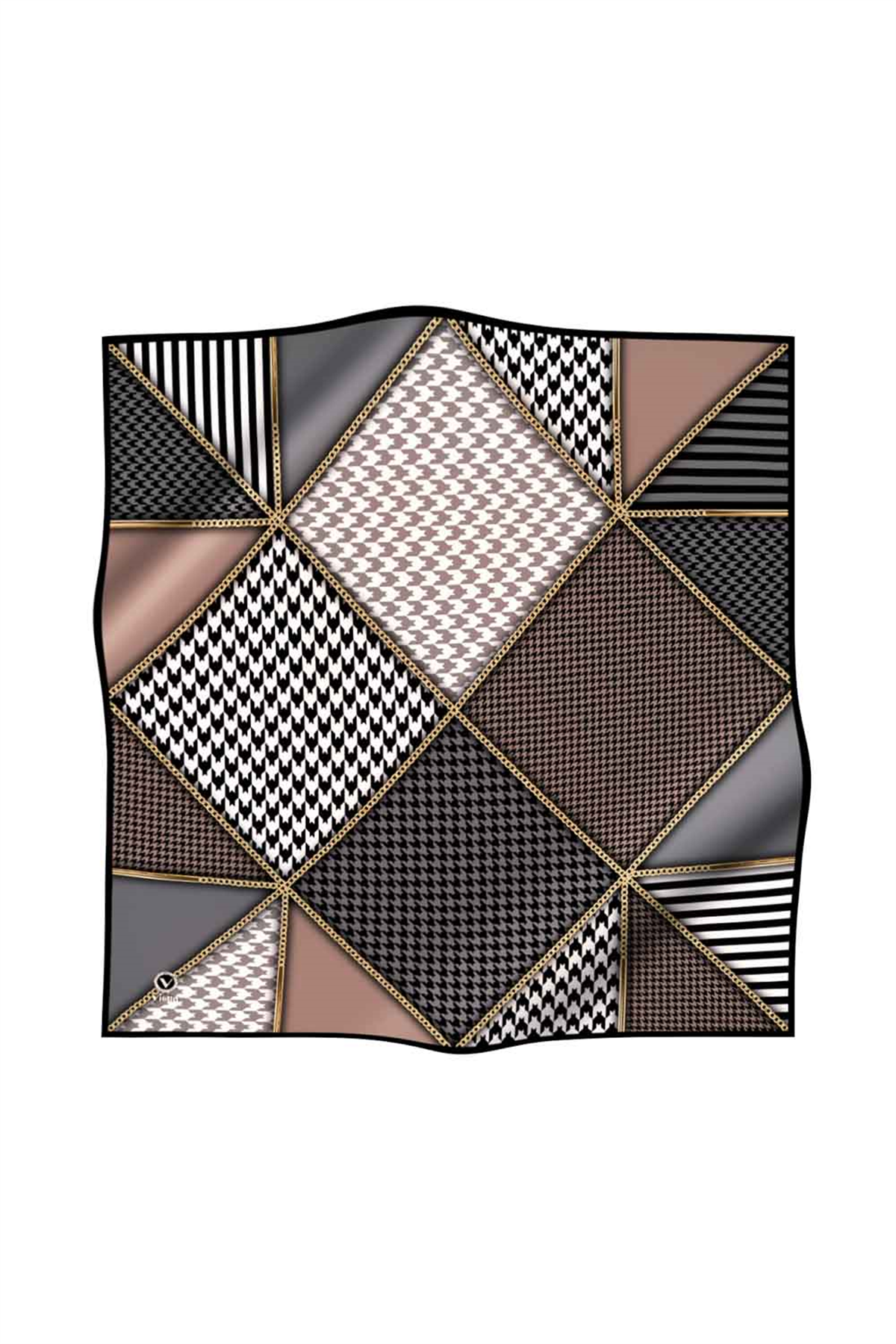 Twil Geometrik Ve Kazayak Desenli Bej - Gri Renkli 90x90 Eşarp (İpek İçermez) Dikim Şekli : El Dikişi