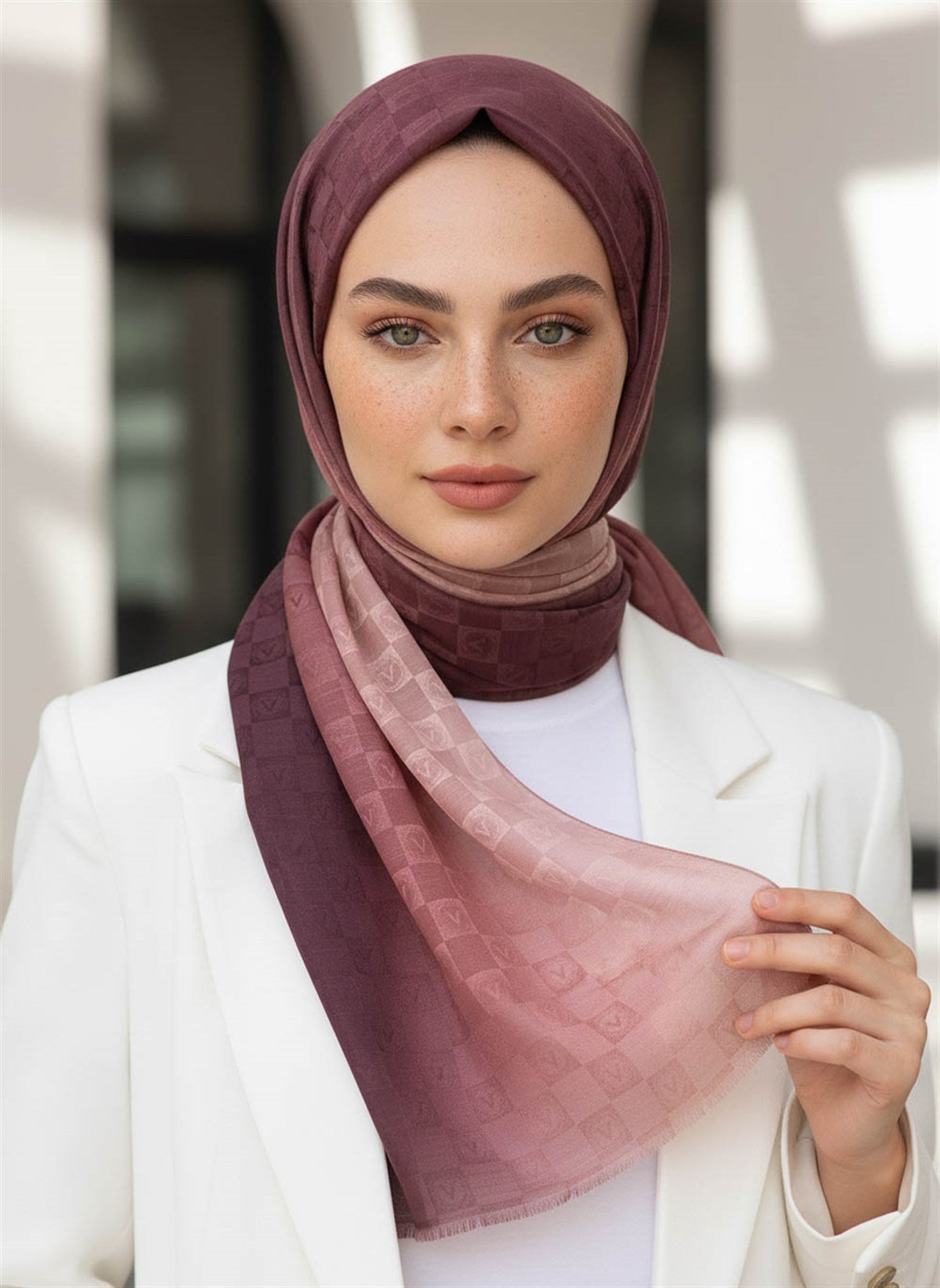 Vissona %57 İPEK %43 PAMUK Degrade Desenli Bakır Renkli Şal -  70x190 Dikiş Tipi İtalyan Dikişli