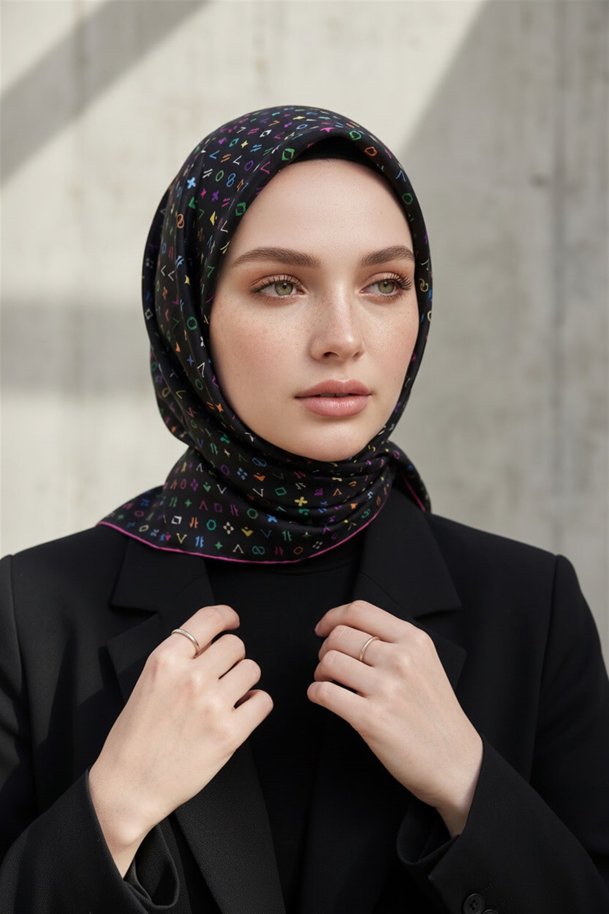 %100 Twill İpek Çıtır Motif Desenli Siyah - Fuşya Renkli 90x90 Eşarp Dikim Şekli : El Dikişi