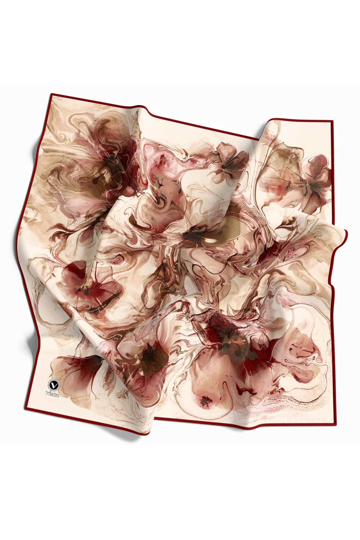 Twill Soyut Desenli Bordo Renkli 90x90 Eşarp (İpek İçermez) Kenar Dikiş Şekli El Dikişli