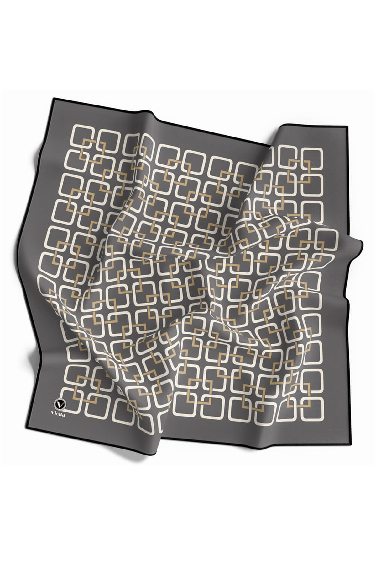 Twill Geometrik Desenli Gri Renkli 90x90 Eşarp (İpek İçermez) Kenar Dikiş Şekli El Dikişli