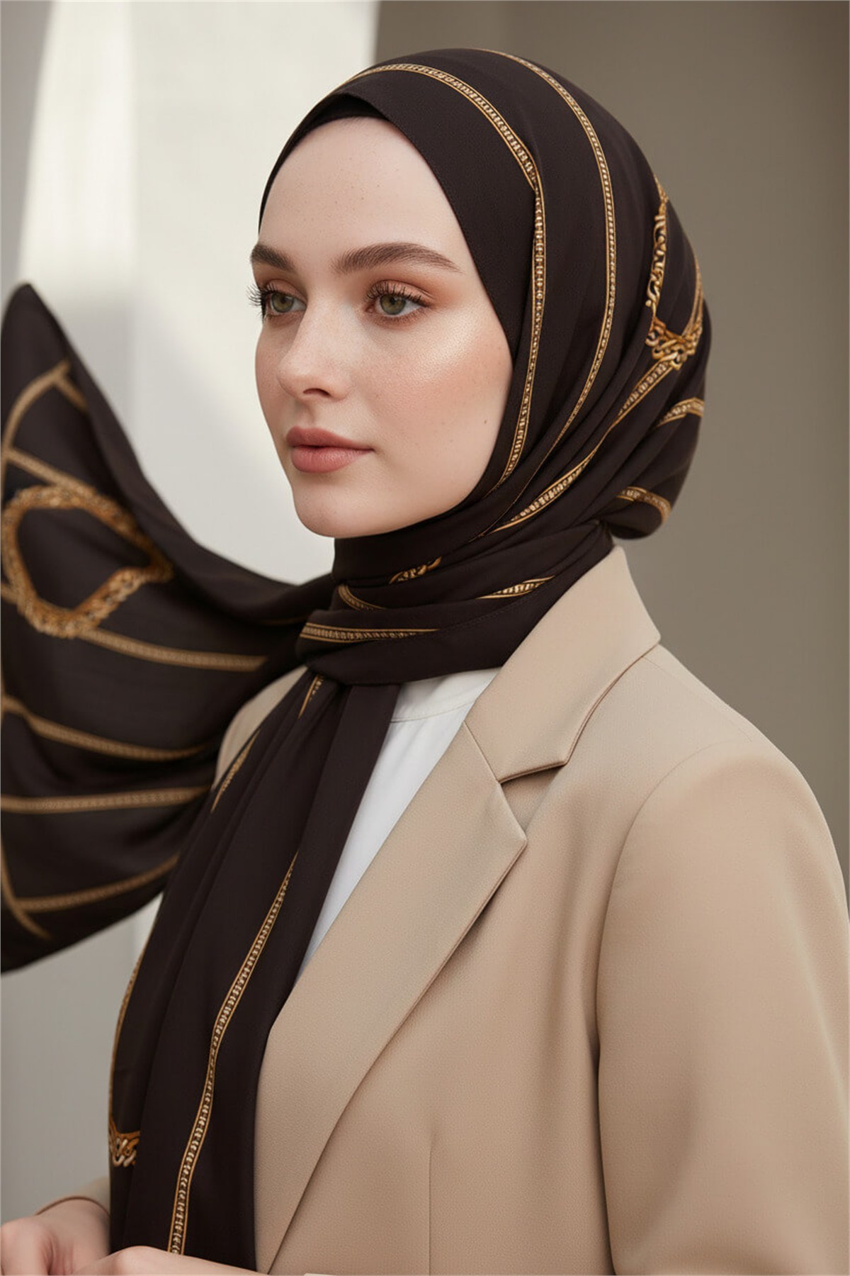 KREP ZİNCİR DESENLİ KAHVERENGİ RENKLİ 75X195 KIRIŞMAZ ŞAL