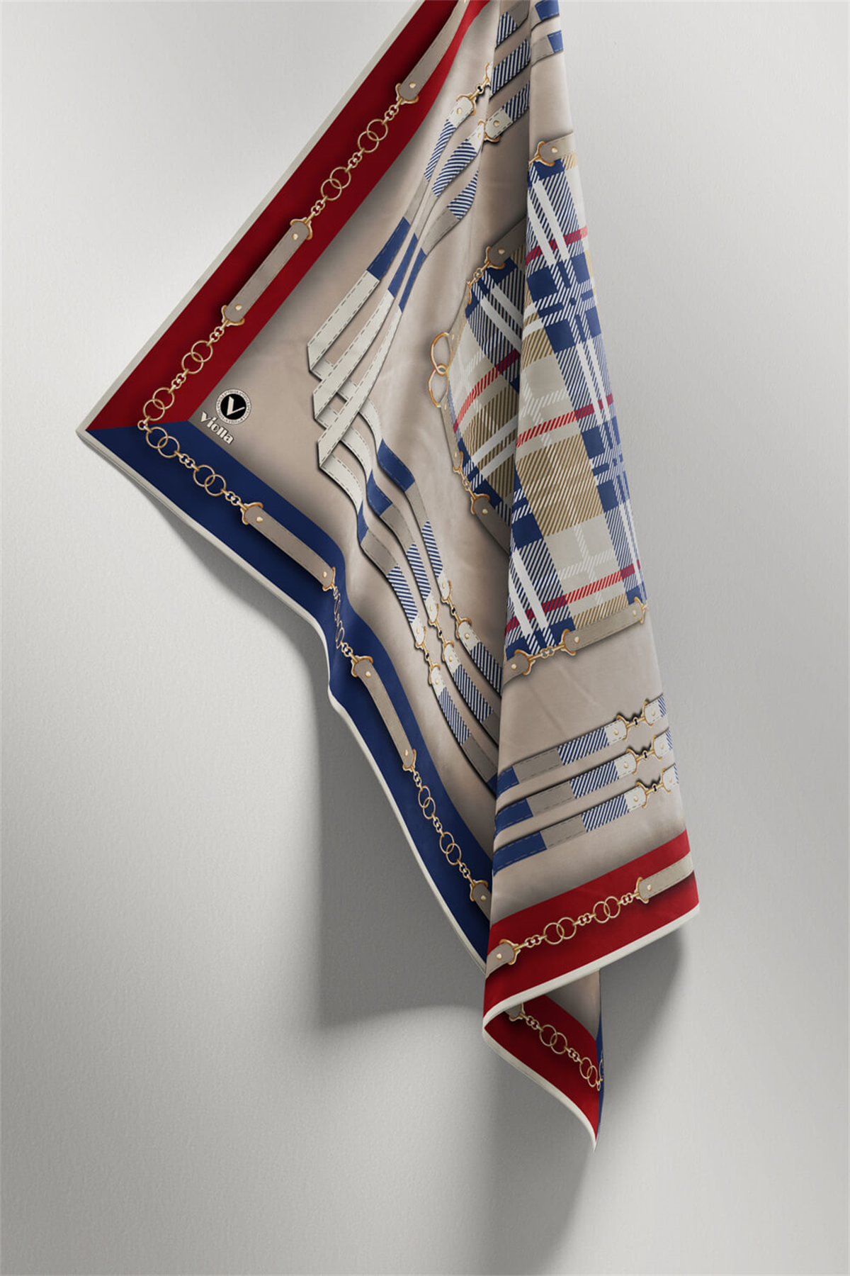 Twill Ekoseli Ve Zincir Desenli Bordo - Lacivert Renkli 90x90 Eşarp (İpek İçermez) Dikim Şekli : El Dikişi