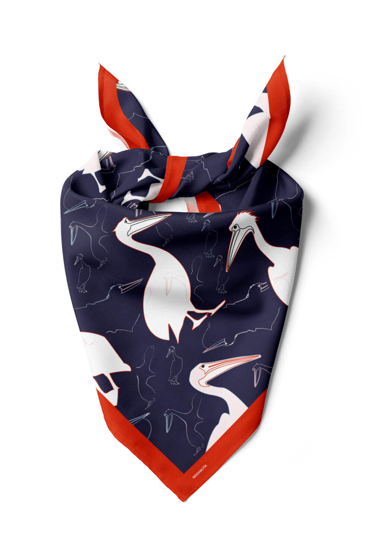 D45 Kadın Kuş Desenli Bandana 50x50 Beyaz Mavi DG0280-22