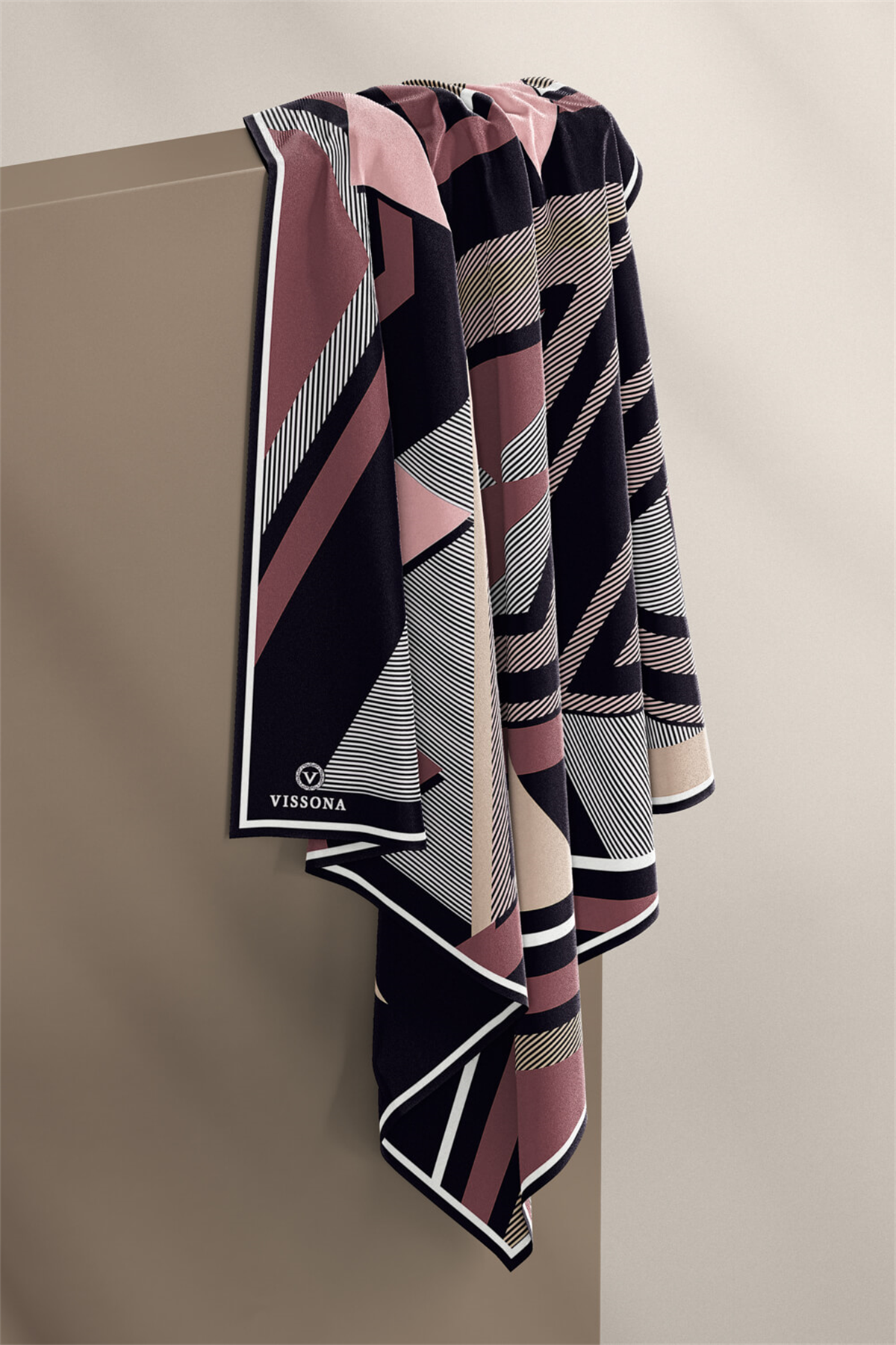 %100 Twill İpek Geometrik Desenli Pudra - Siyah Renkli 90x90 Eşarp Dikim Şekli : El Dikişi